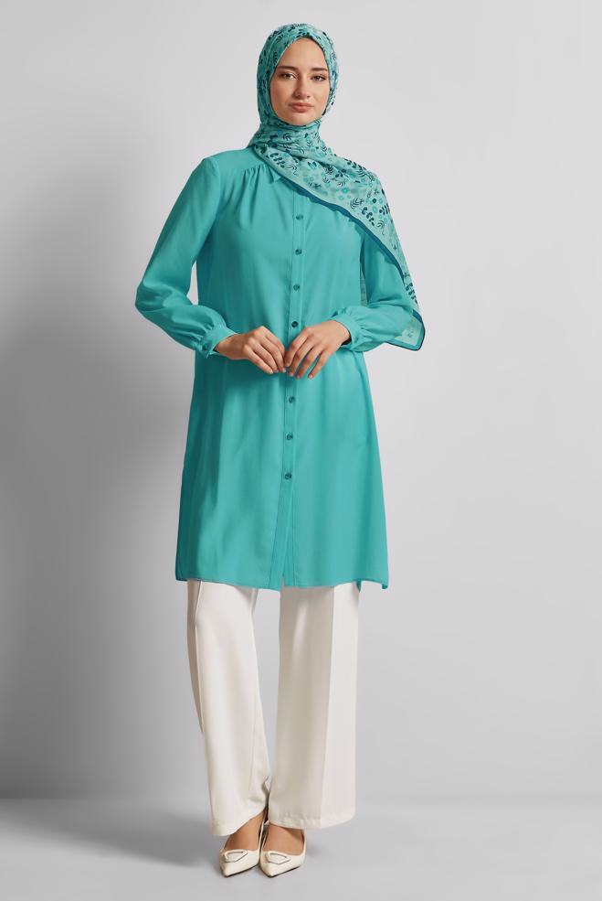 Vêtements hijab BLEU TUNIQUE À COL CHEMISE 45416 - ALVİNA