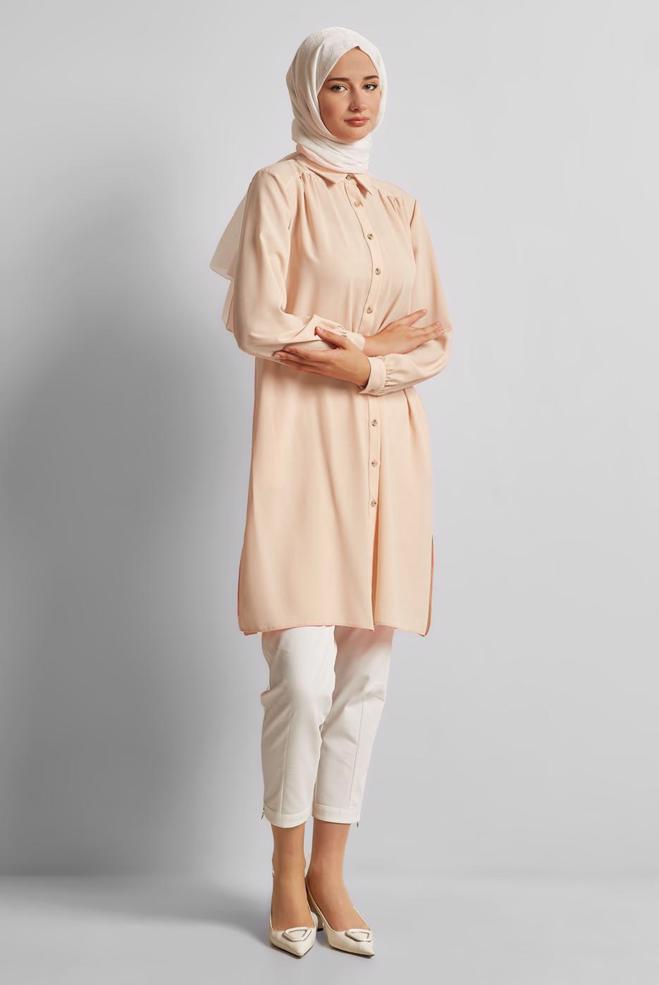 Vêtements hijab BEIGE TUNIQUE À COL CHEMISE 45416 - ALVİNA