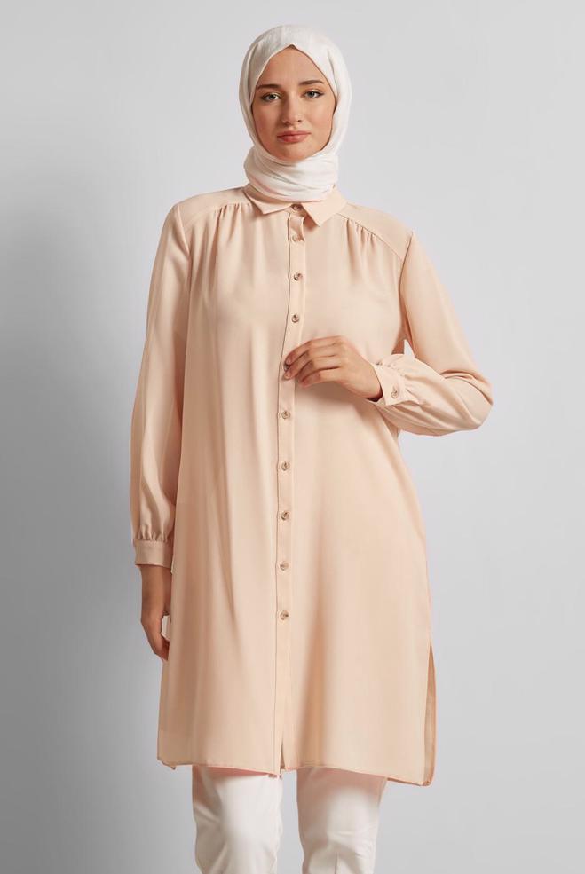 Vêtements hijab BEIGE TUNIQUE À COL CHEMISE 45416 - ALVİNA