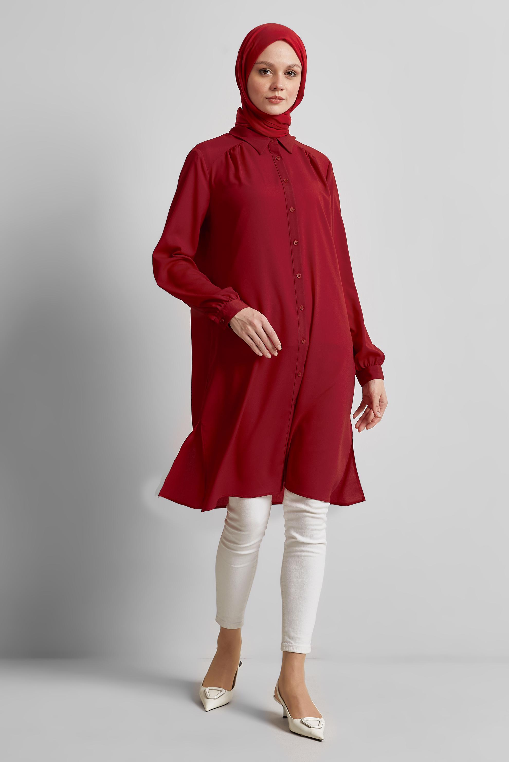 Tesettür giyim BORDO GÖMLEK YAKA TUNİK 45416