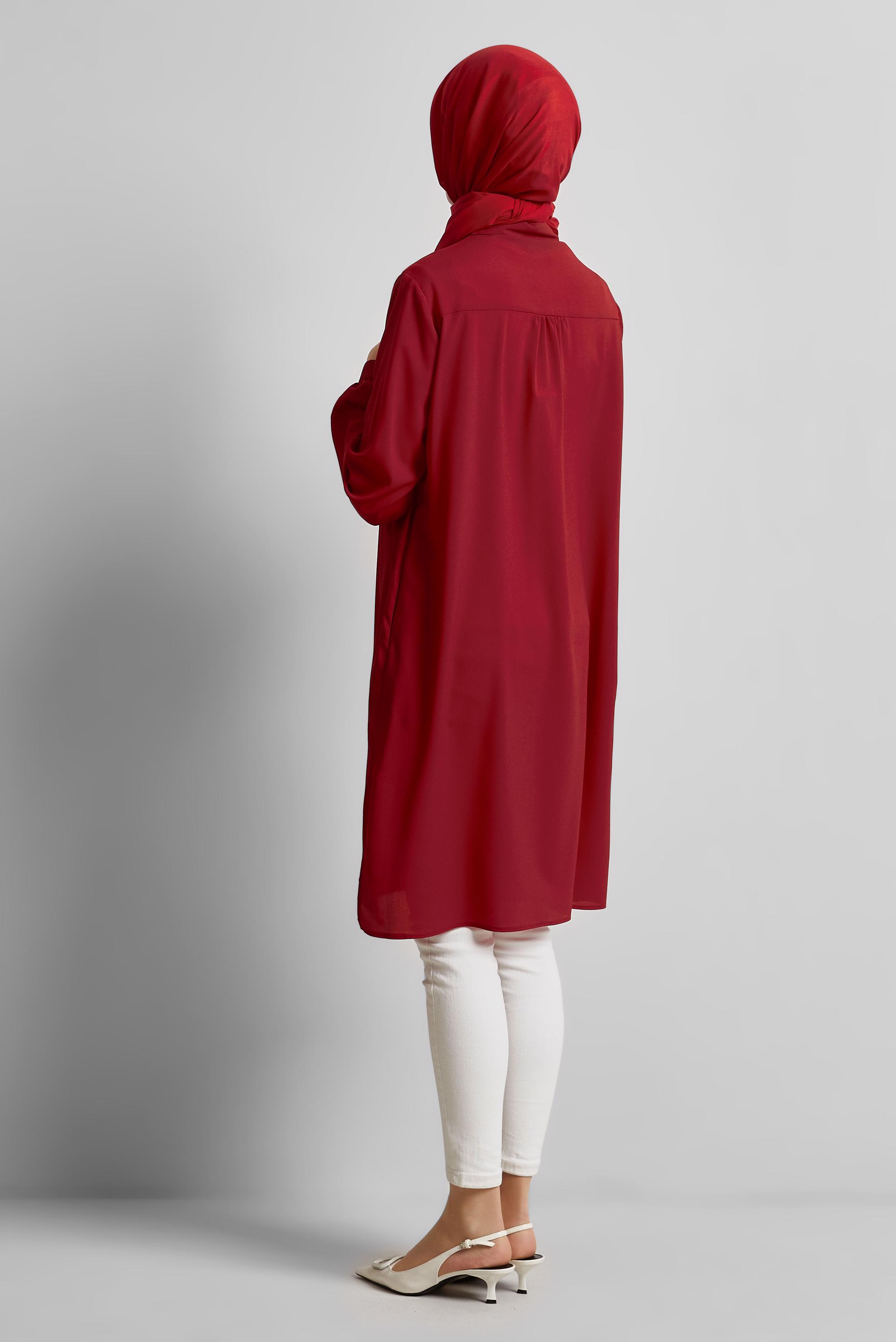 Tesettür giyim BORDO GÖMLEK YAKA TUNİK 45416