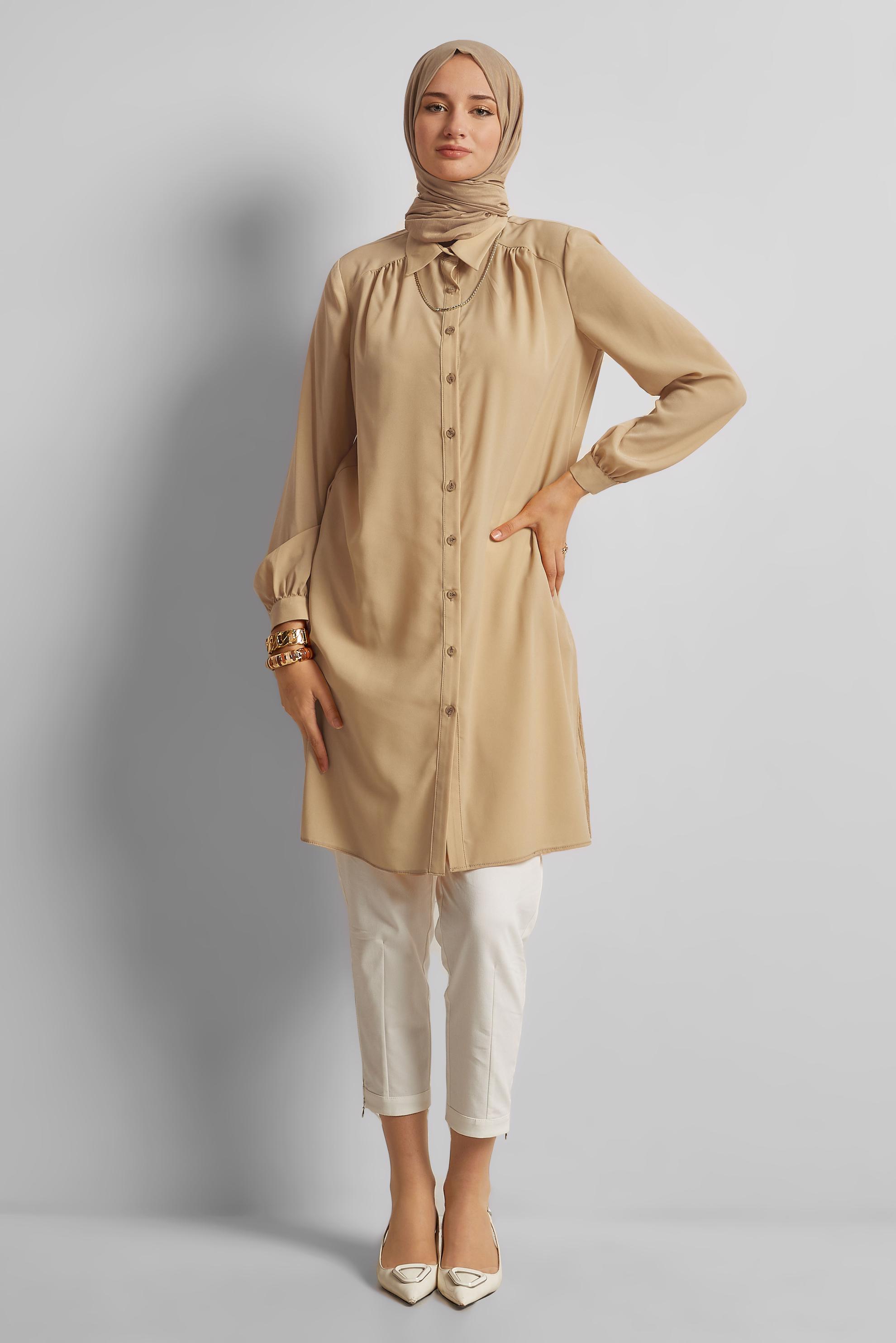 Tesettür giyim KAHVE GÖMLEK YAKA TUNİK 45416