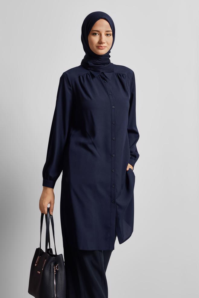 Vêtements hijab BLEU MARINE TUNIQUE À COL CHEMISE 45416 - ALVİNA