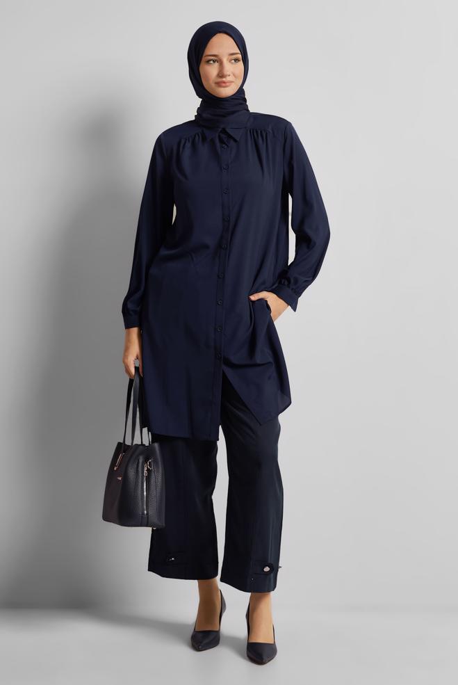 Vêtements hijab BLEU MARINE TUNIQUE À COL CHEMISE 45416 - ALVİNA