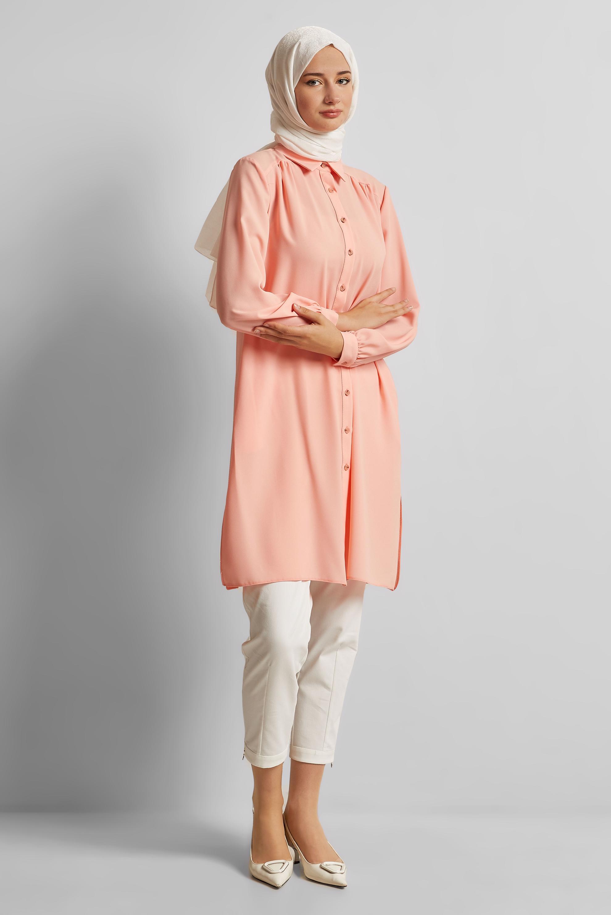Tesettür giyim PUDRA GÖMLEK YAKA TUNİK 45416