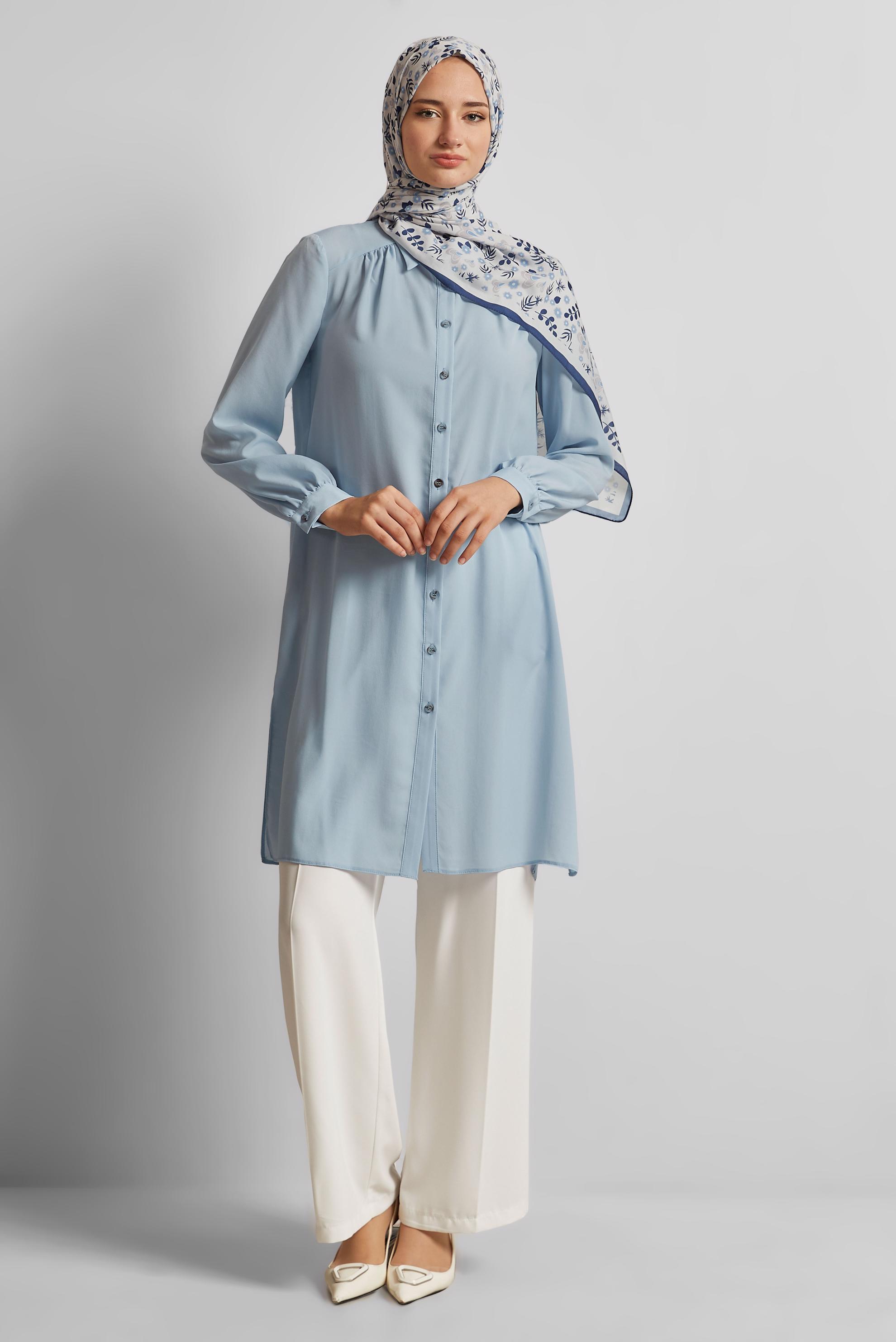 Tesettür giyim MAVİ GÖMLEK YAKA TUNİK 45416