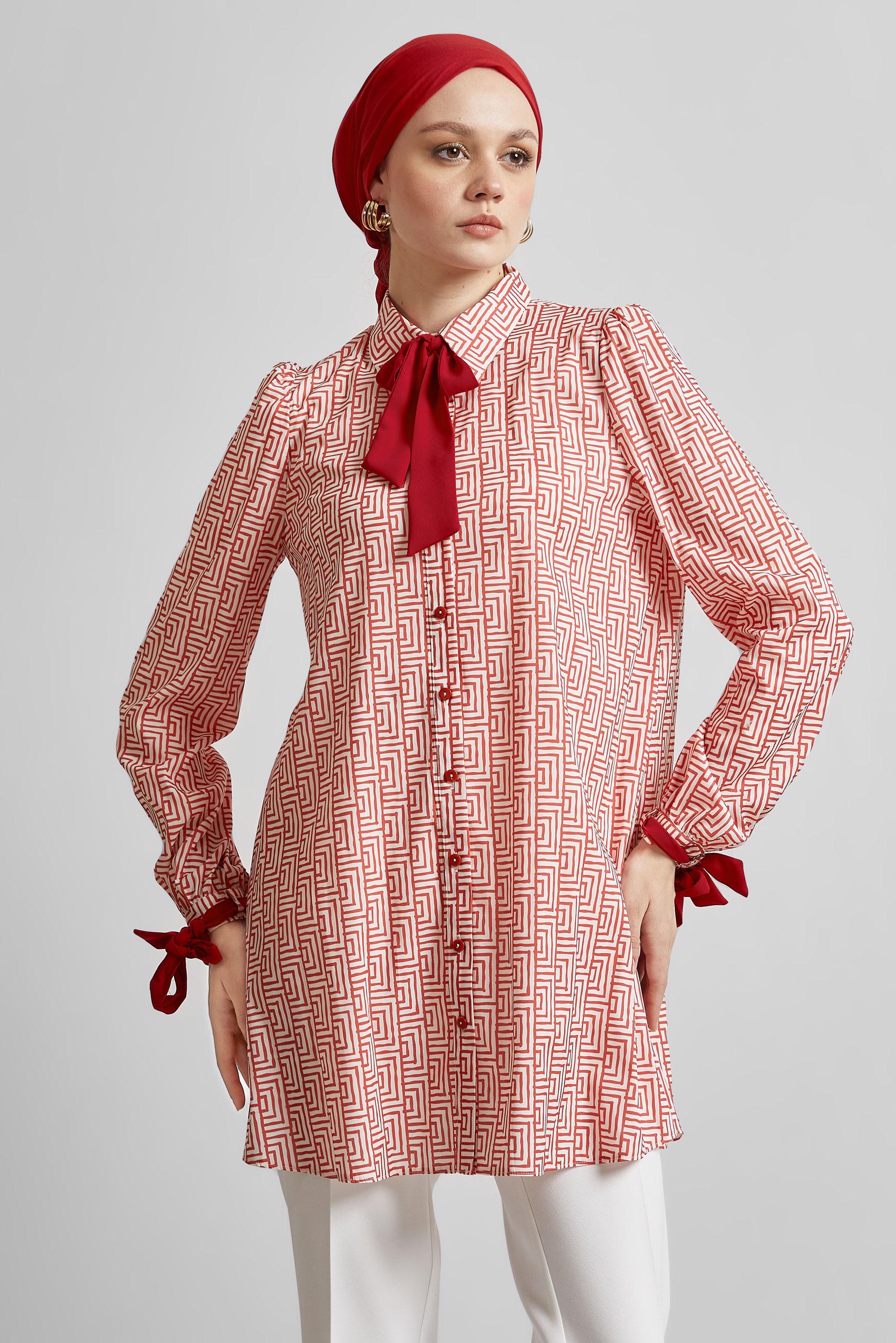 Tesettür giyim KIRMIZI DESENLİ TUNİK 45417	