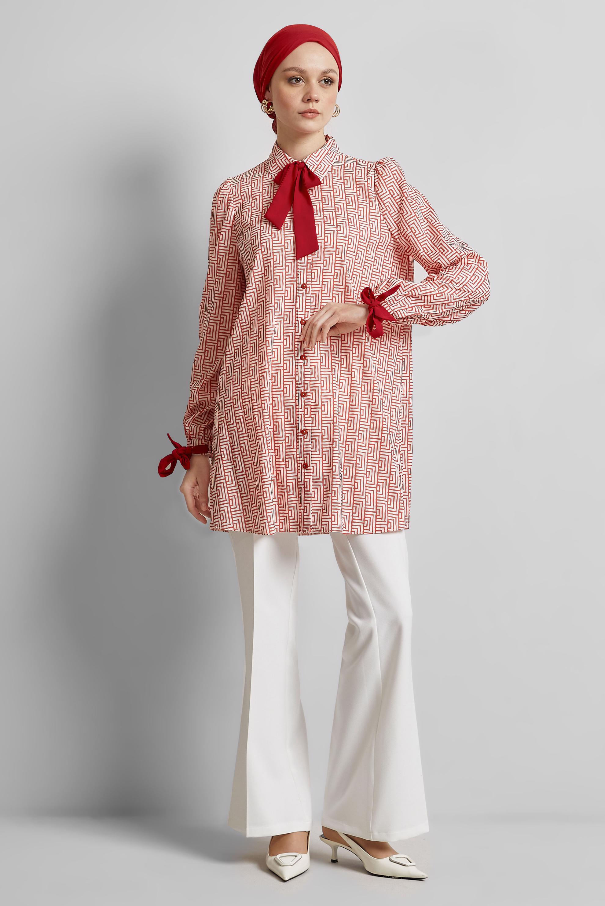 Tesettür giyim KIRMIZI DESENLİ TUNİK 45417	