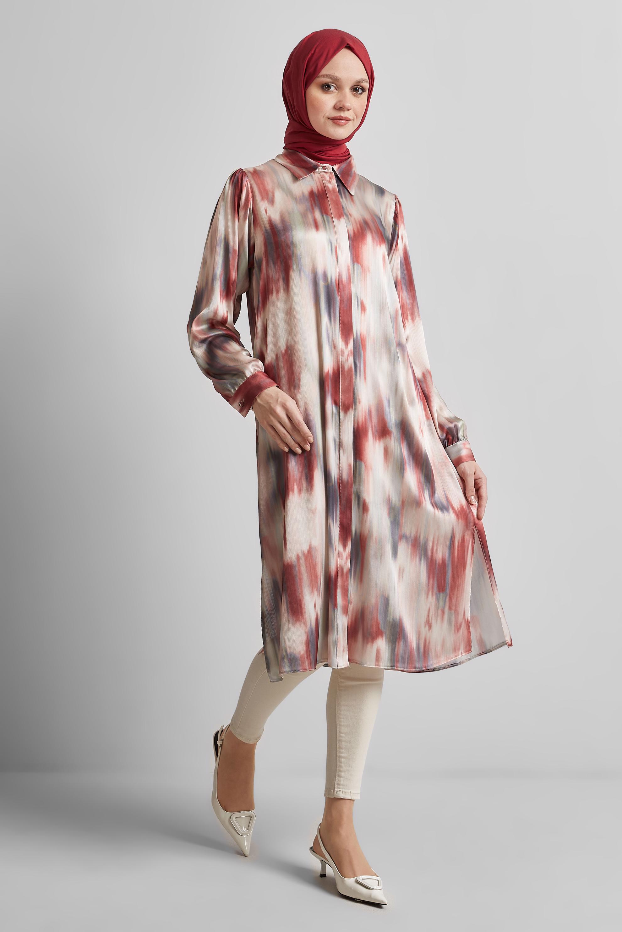 Tesettür giyim BORDO UZUN SATEN TUNİK 45420