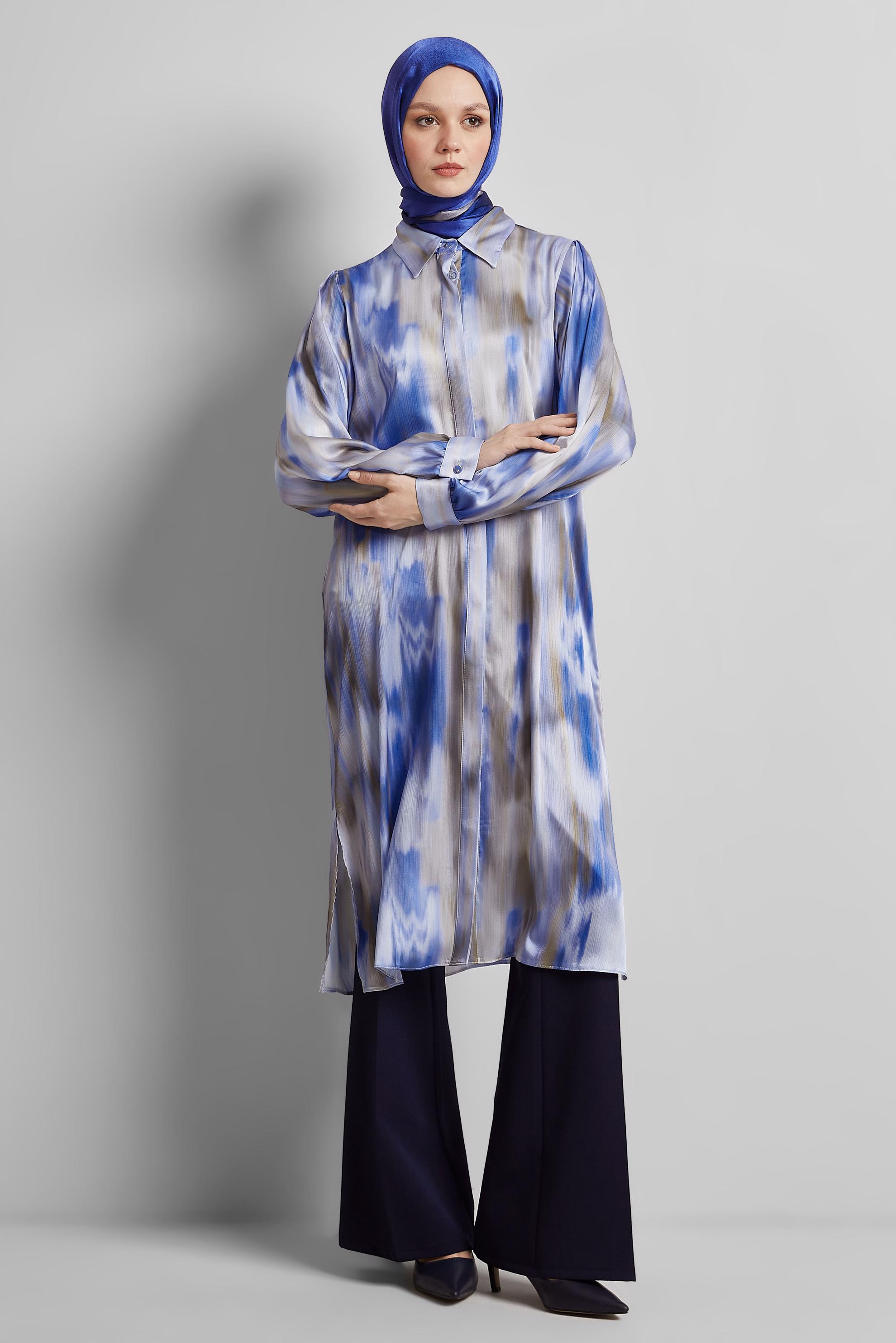 Tesettür giyim LACİVERT UZUN SATEN TUNİK 45420