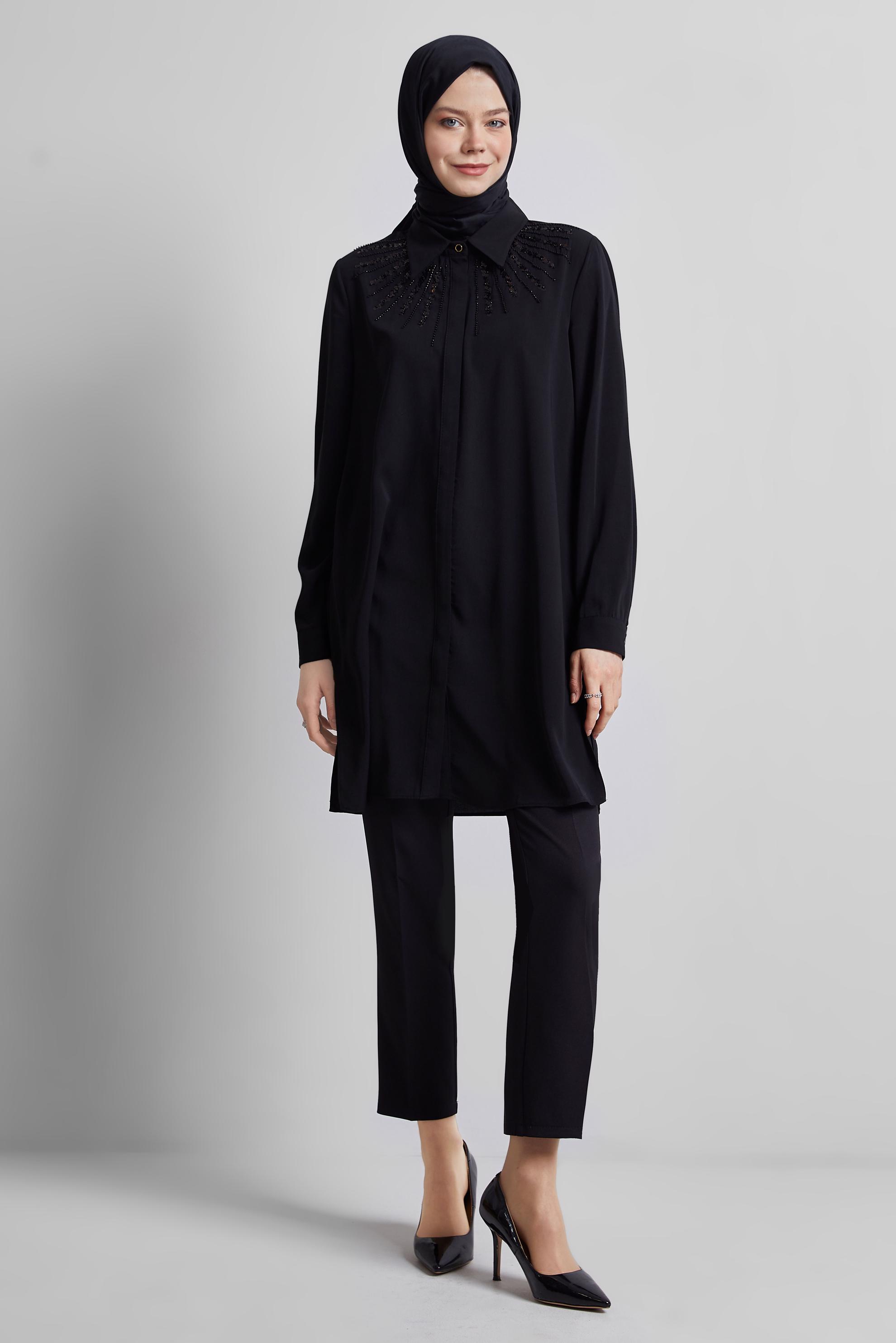 Tesettür giyim SİYAH GÖMLEK YAKA TUNİK 45421
