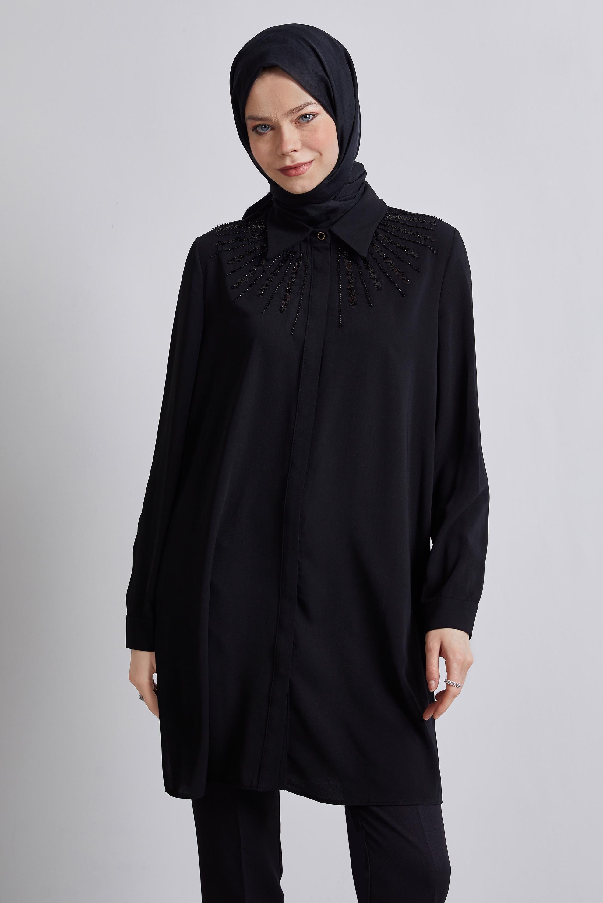 Tesettür giyim SİYAH GÖMLEK YAKA TUNİK 45421