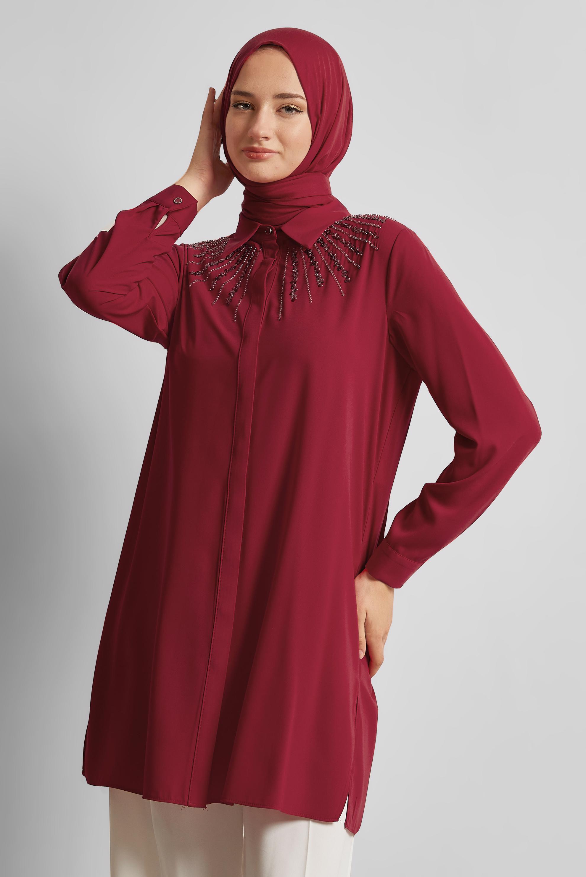 Tesettür giyim KIRMIZI GÖMLEK YAKA TUNİK 45421