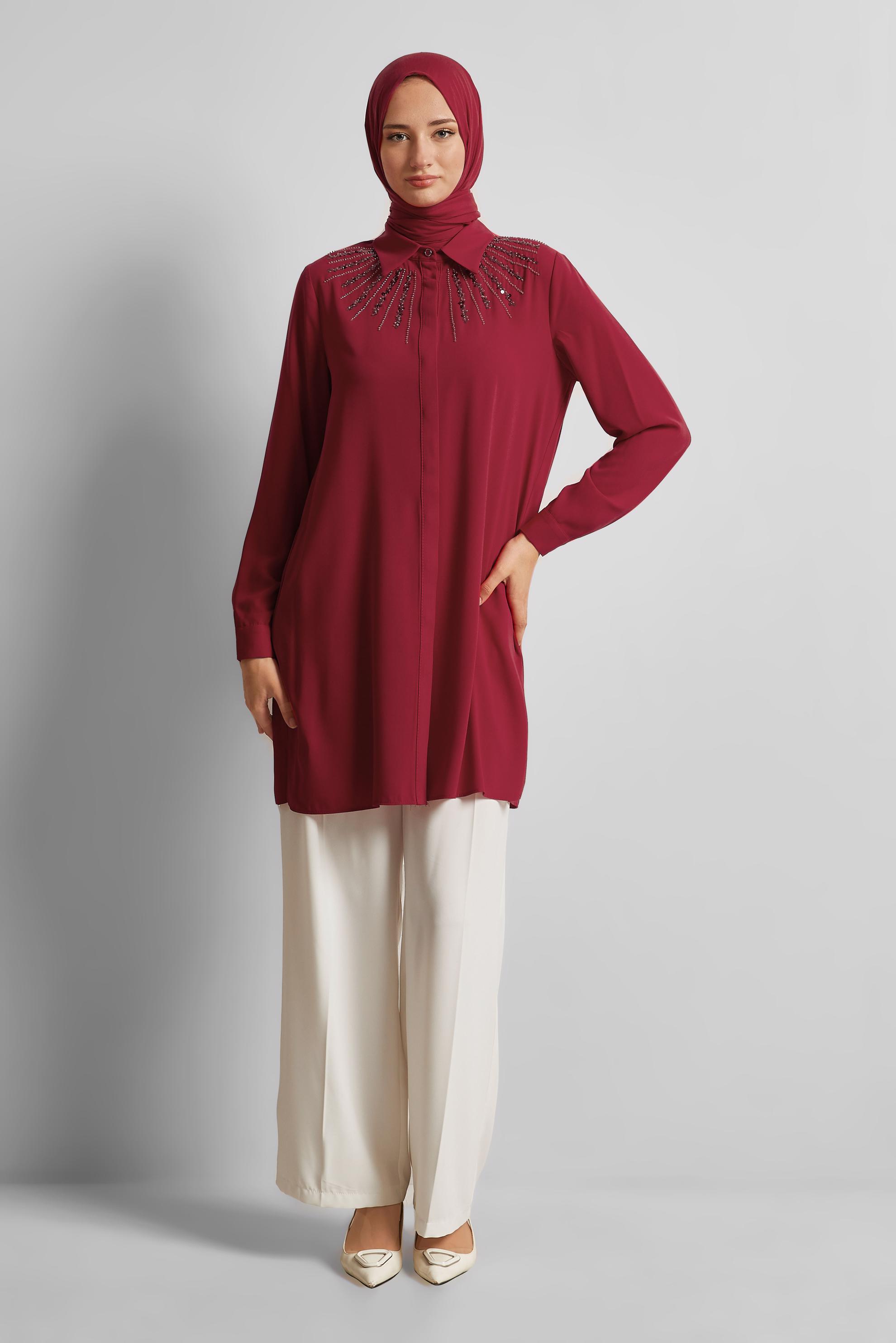 Tesettür giyim KIRMIZI GÖMLEK YAKA TUNİK 45421