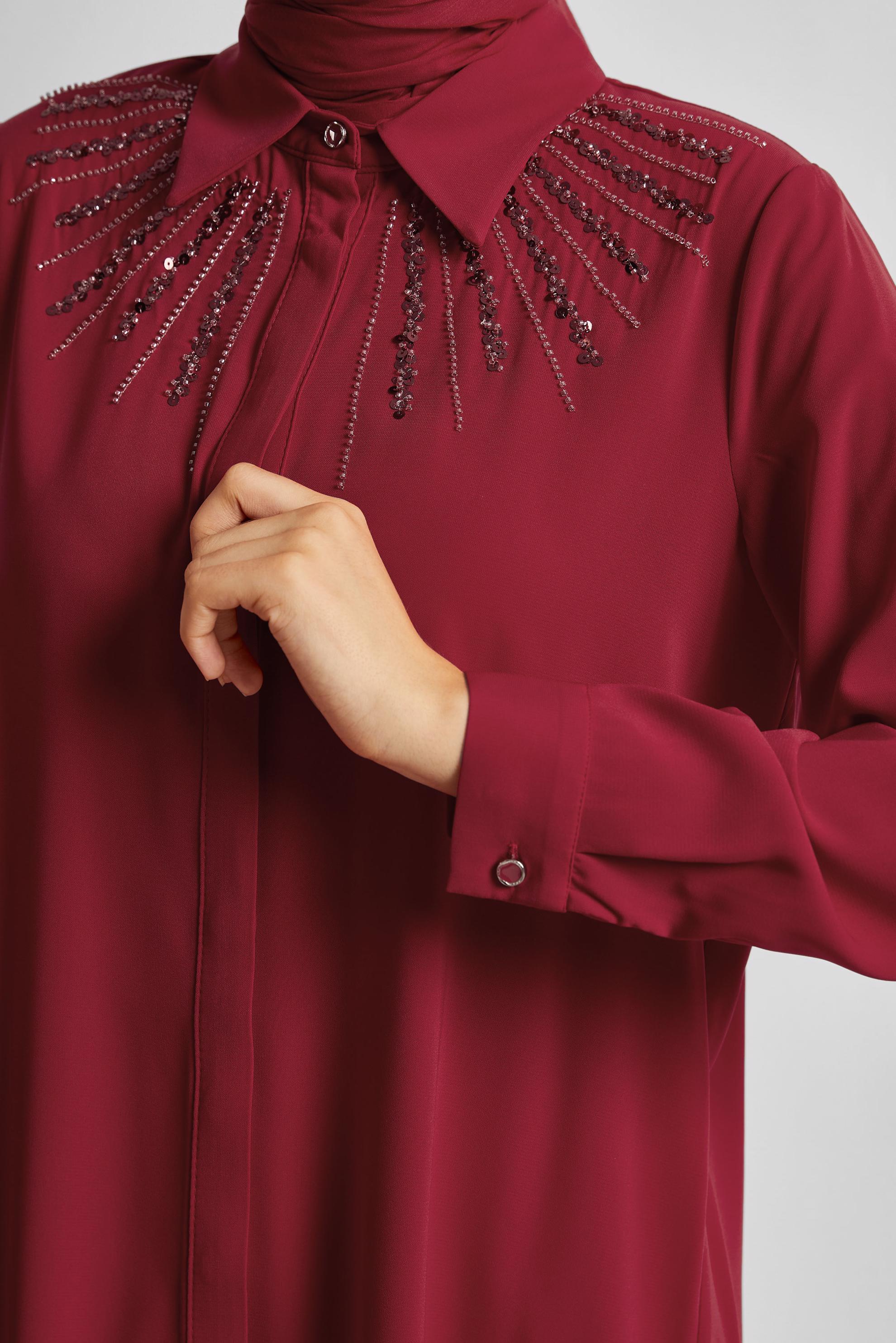 Tesettür giyim KIRMIZI GÖMLEK YAKA TUNİK 45421