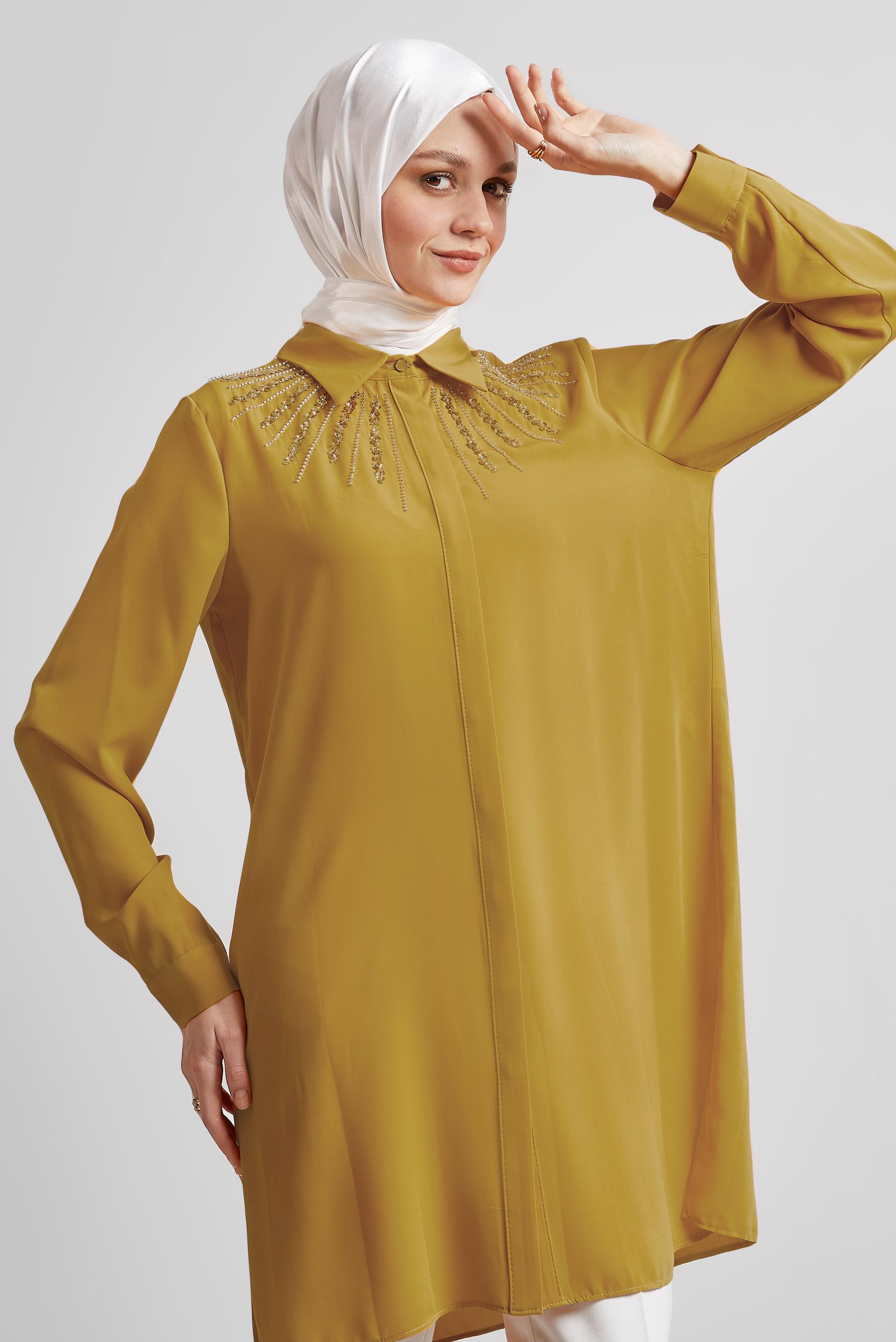 Tesettür giyim SARI GÖMLEK YAKA TUNİK 45421