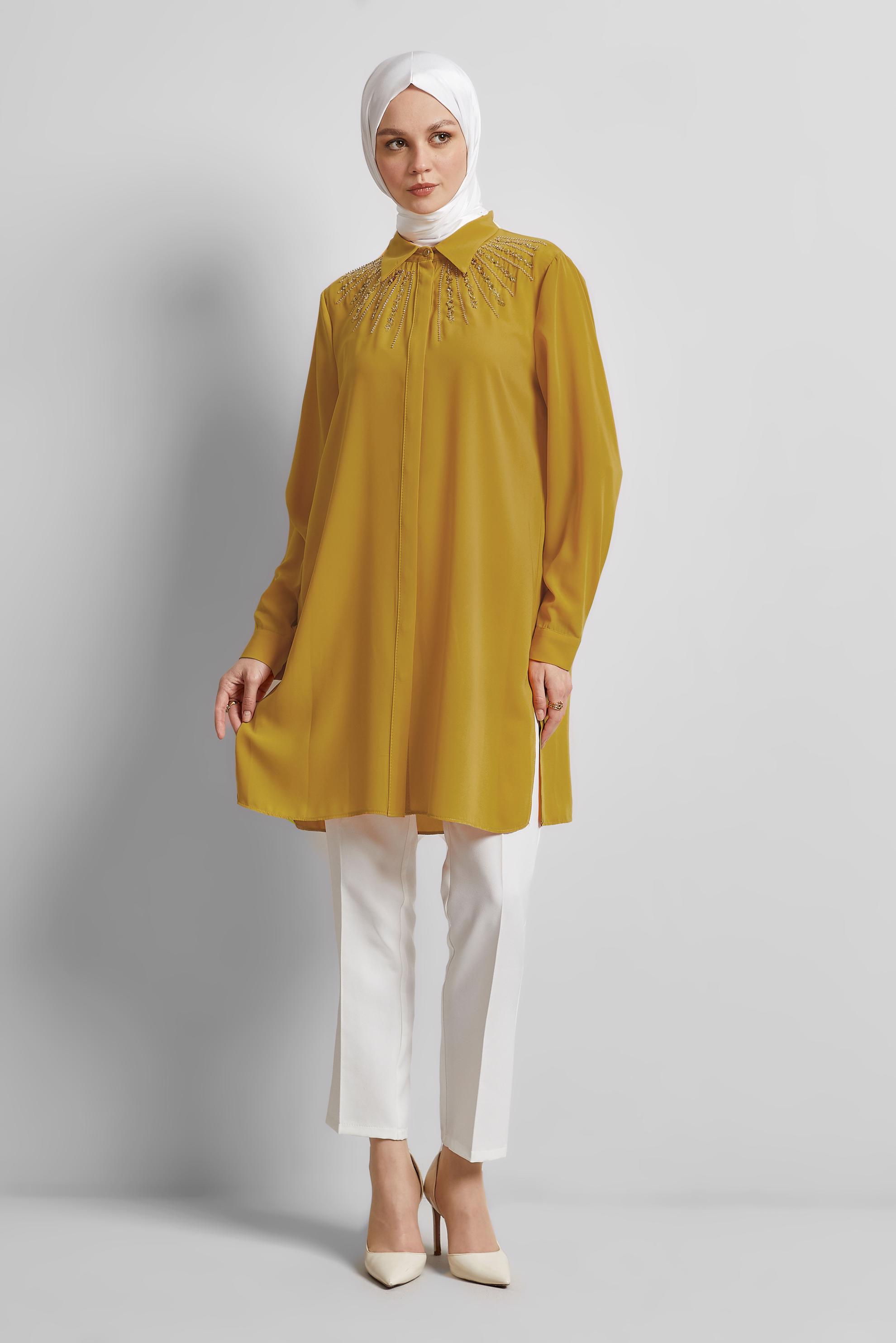 Tesettür giyim SARI GÖMLEK YAKA TUNİK 45421