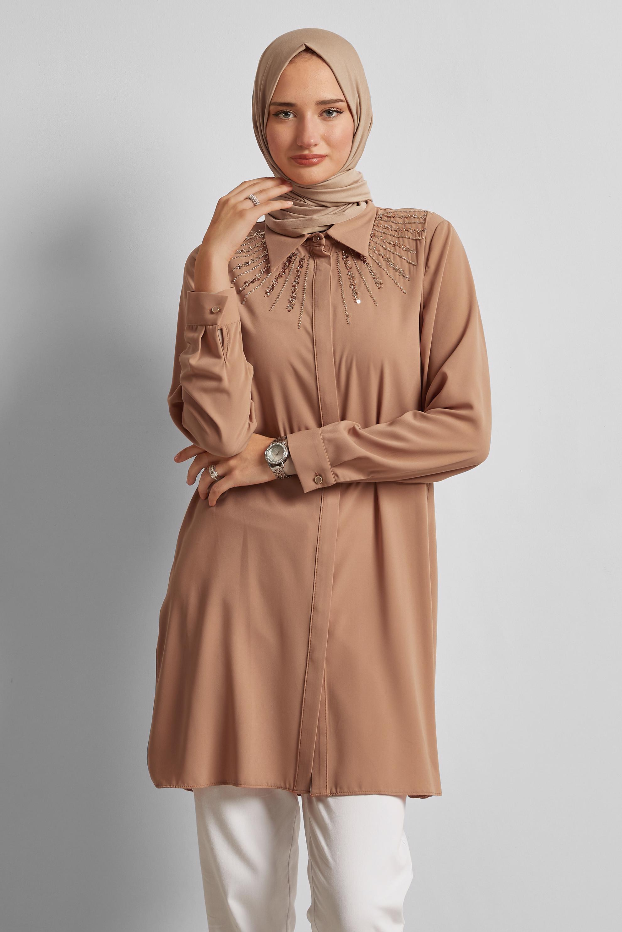Tesettür giyim KAHVE GÖMLEK YAKA TUNİK 45421