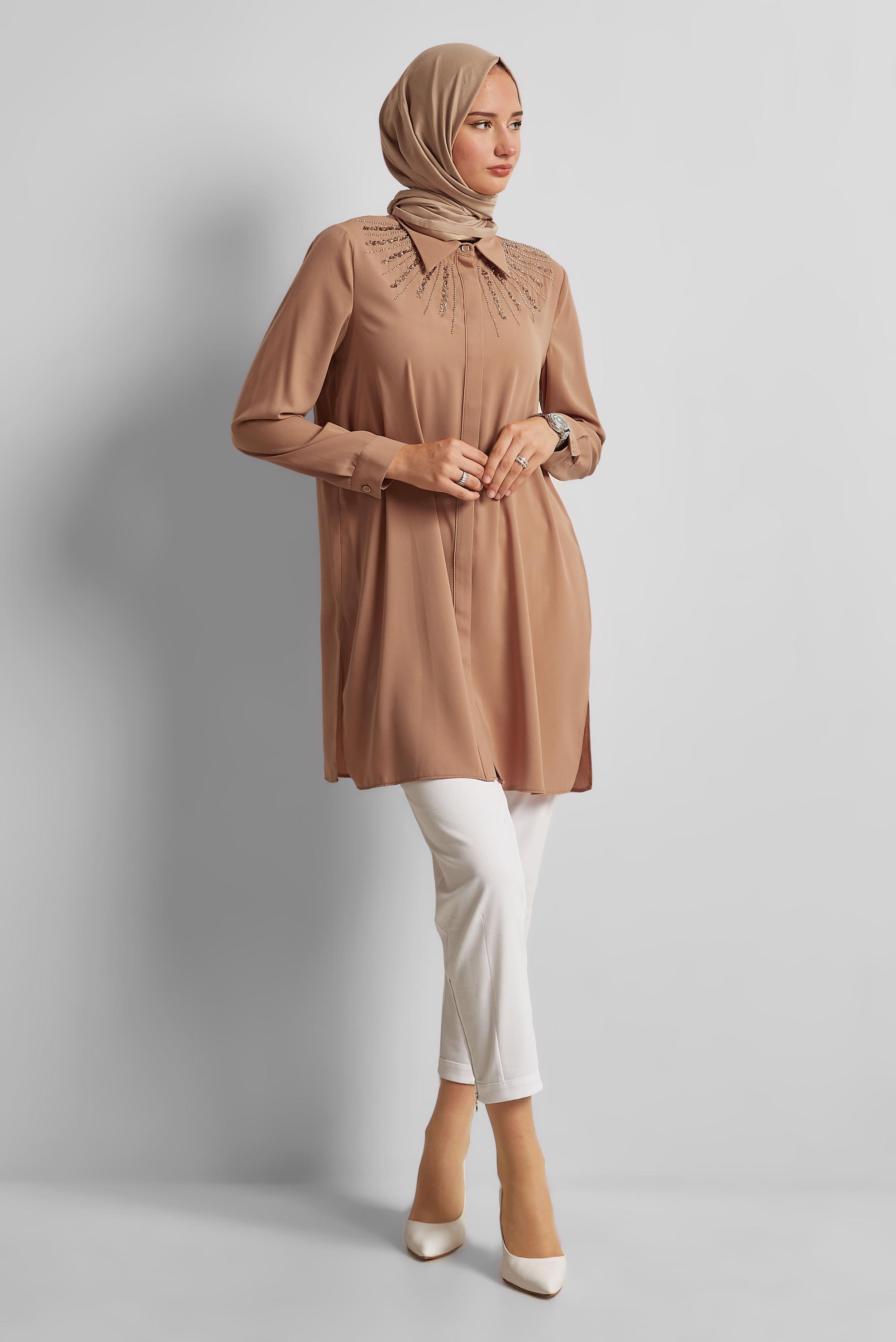 Tesettür giyim KAHVE GÖMLEK YAKA TUNİK 45421