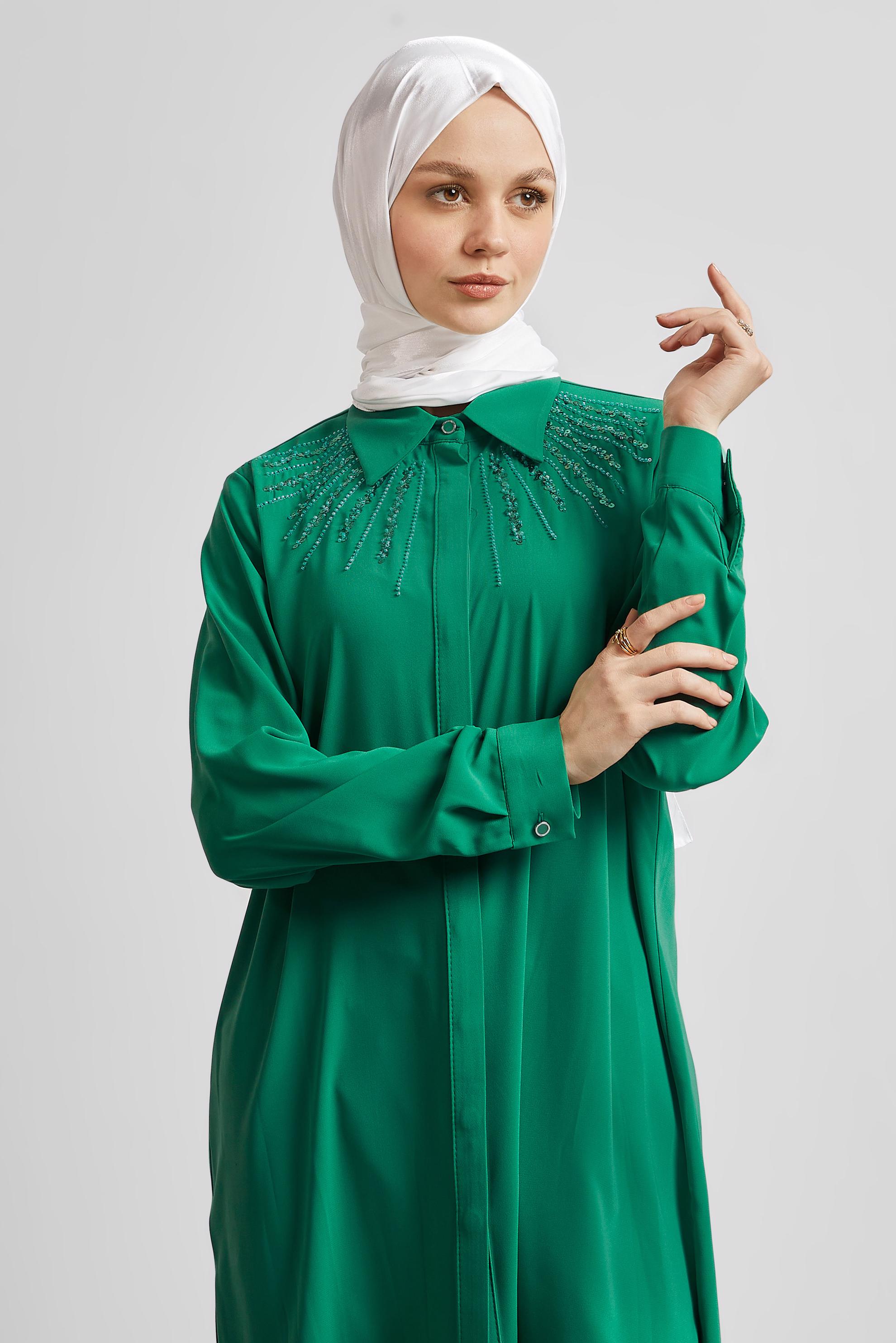 Tesettür giyim YEŞİL GÖMLEK YAKA TUNİK 45421