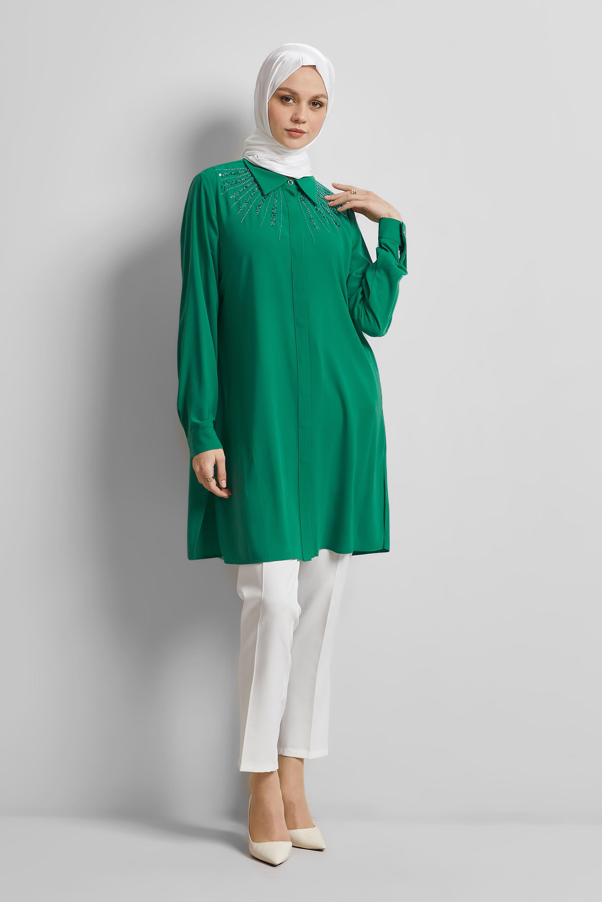 Tesettür giyim YEŞİL GÖMLEK YAKA TUNİK 45421