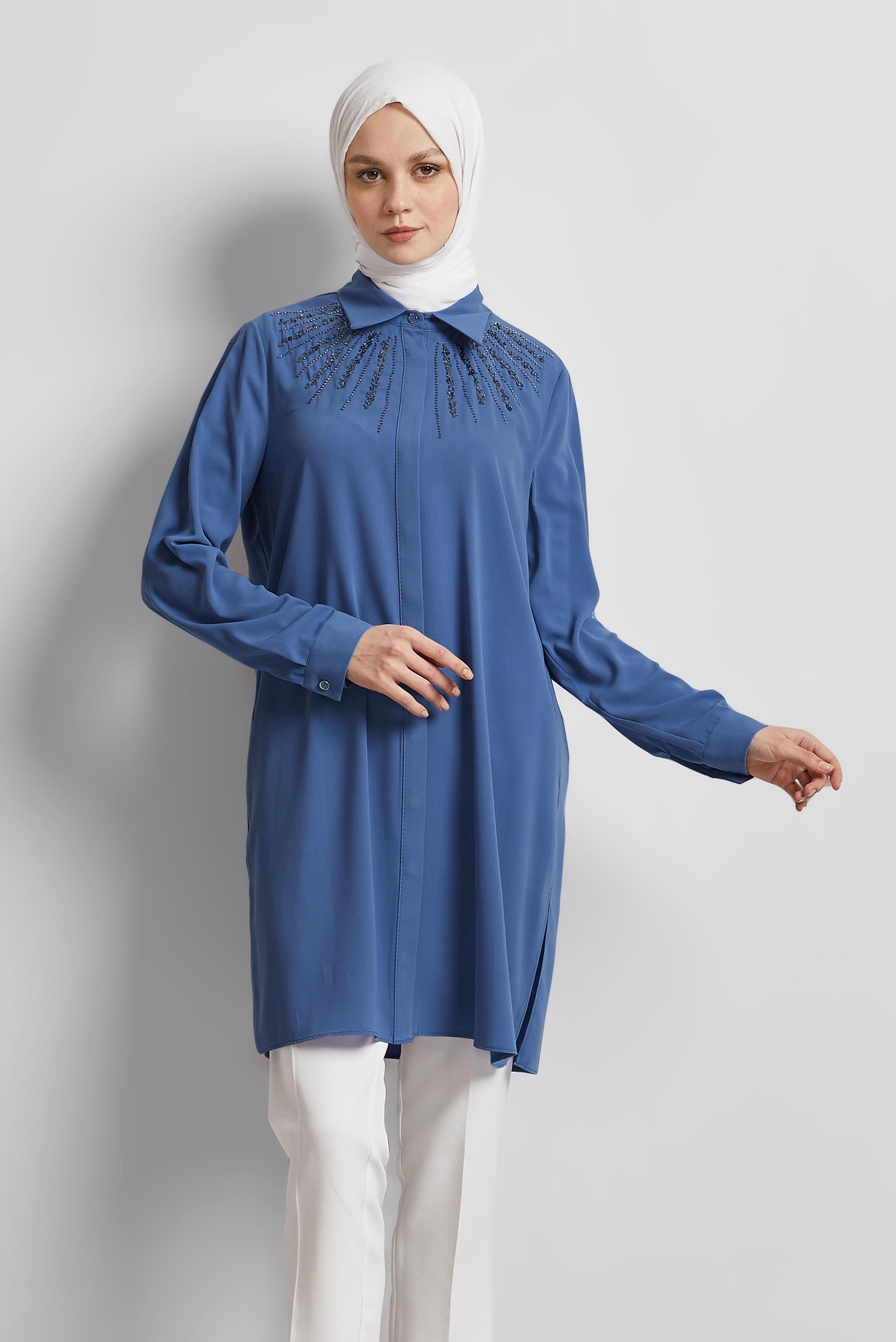 Tesettür giyim MAVİ GÖMLEK YAKA TUNİK 45421