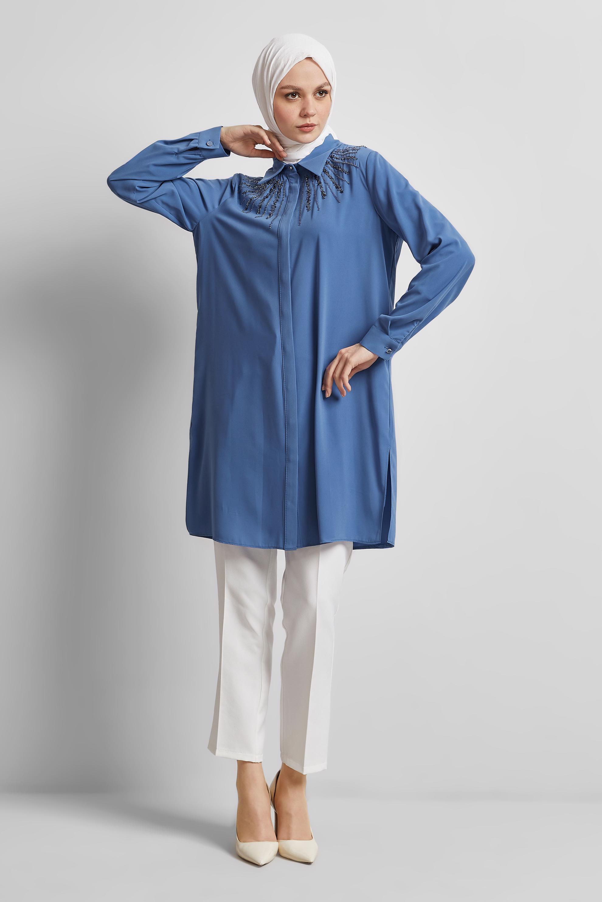 Tesettür giyim MAVİ GÖMLEK YAKA TUNİK 45421