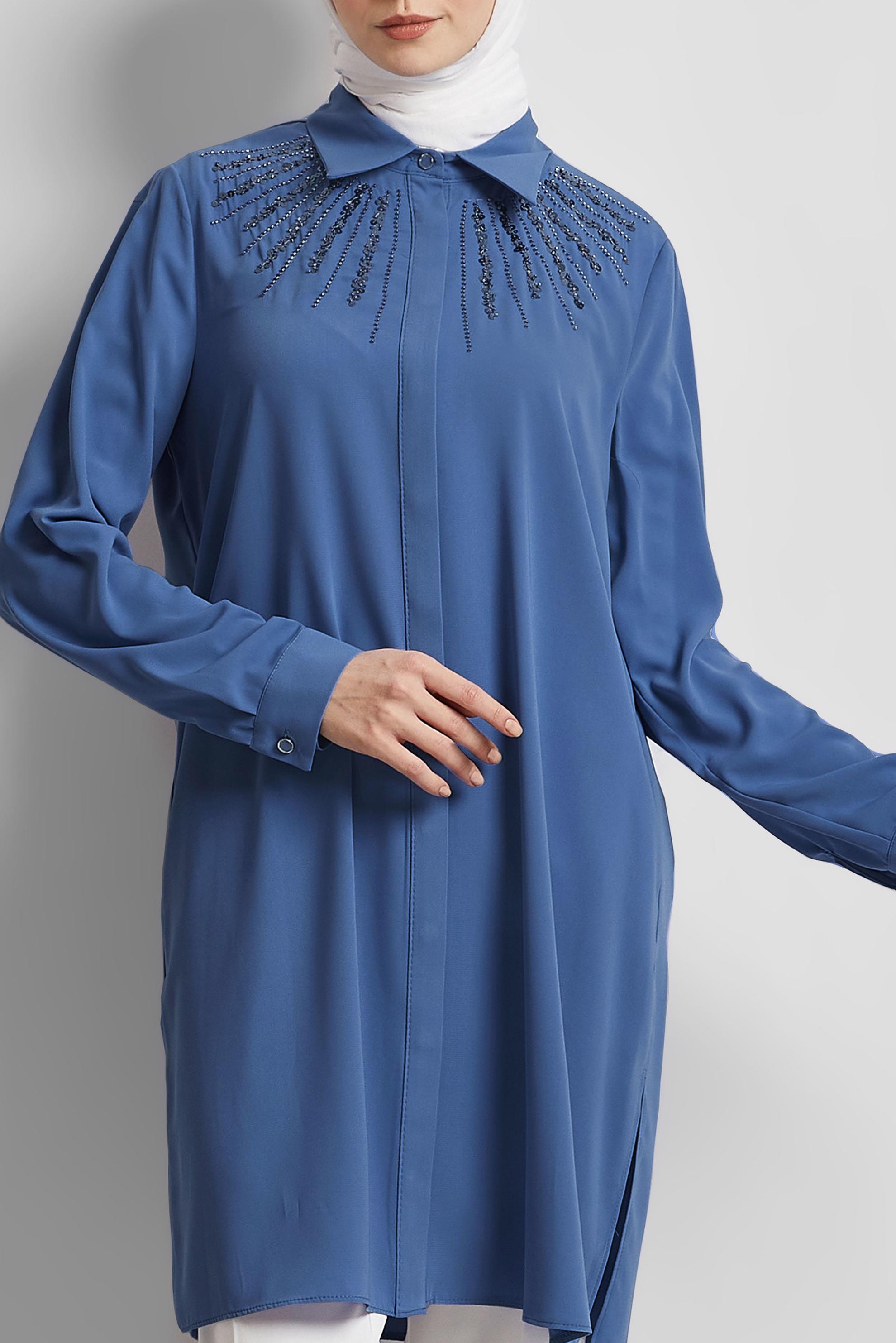 Tesettür giyim MAVİ GÖMLEK YAKA TUNİK 45421