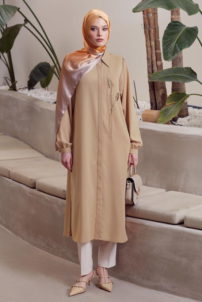Hijab-Kleidung BRAUN LANGE TUNIKA 45423 - ALVİNA