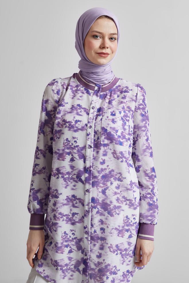 Vêtements hijab POURPRE TUNIQUE À MOTIFS 45424 - ALVİNA