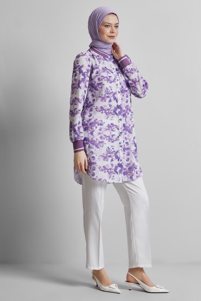 Vêtements hijab POURPRE TUNIQUE À MOTIFS 45424 - ALVİNA