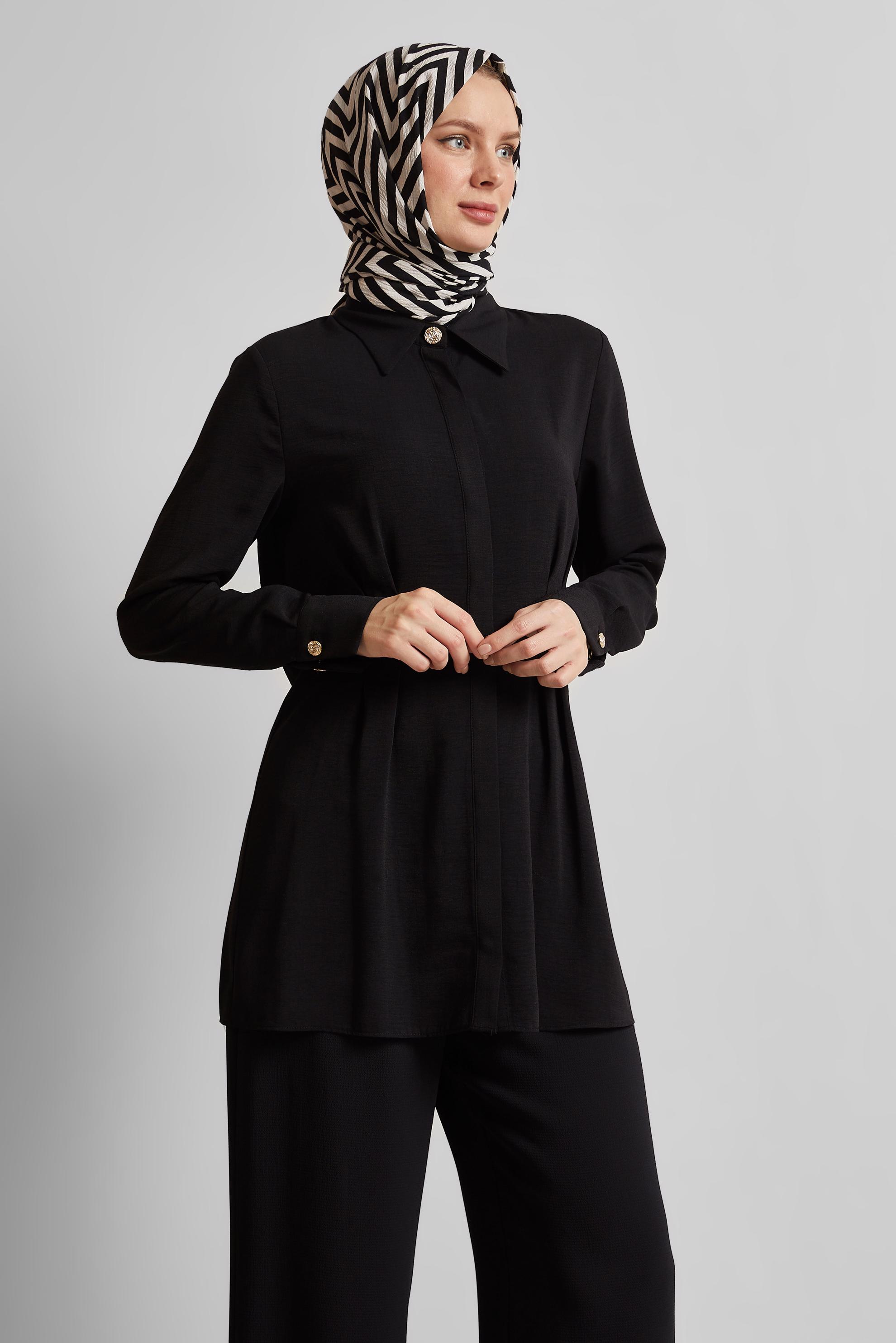 Tesettür giyim SİYAH KETEN GÖRÜNÜMLÜ TUNİK 45426