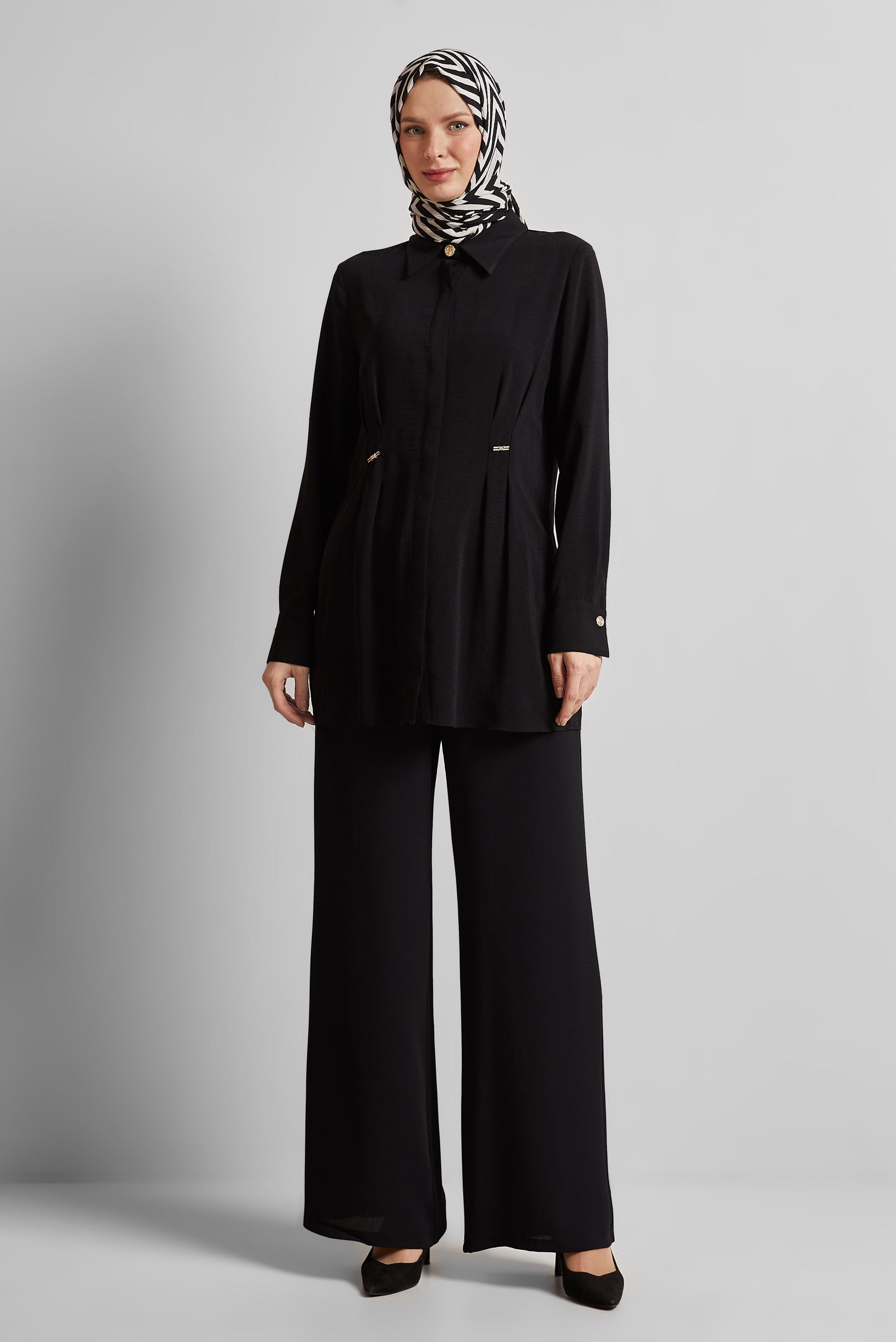 Tesettür giyim SİYAH KETEN GÖRÜNÜMLÜ TUNİK 45426