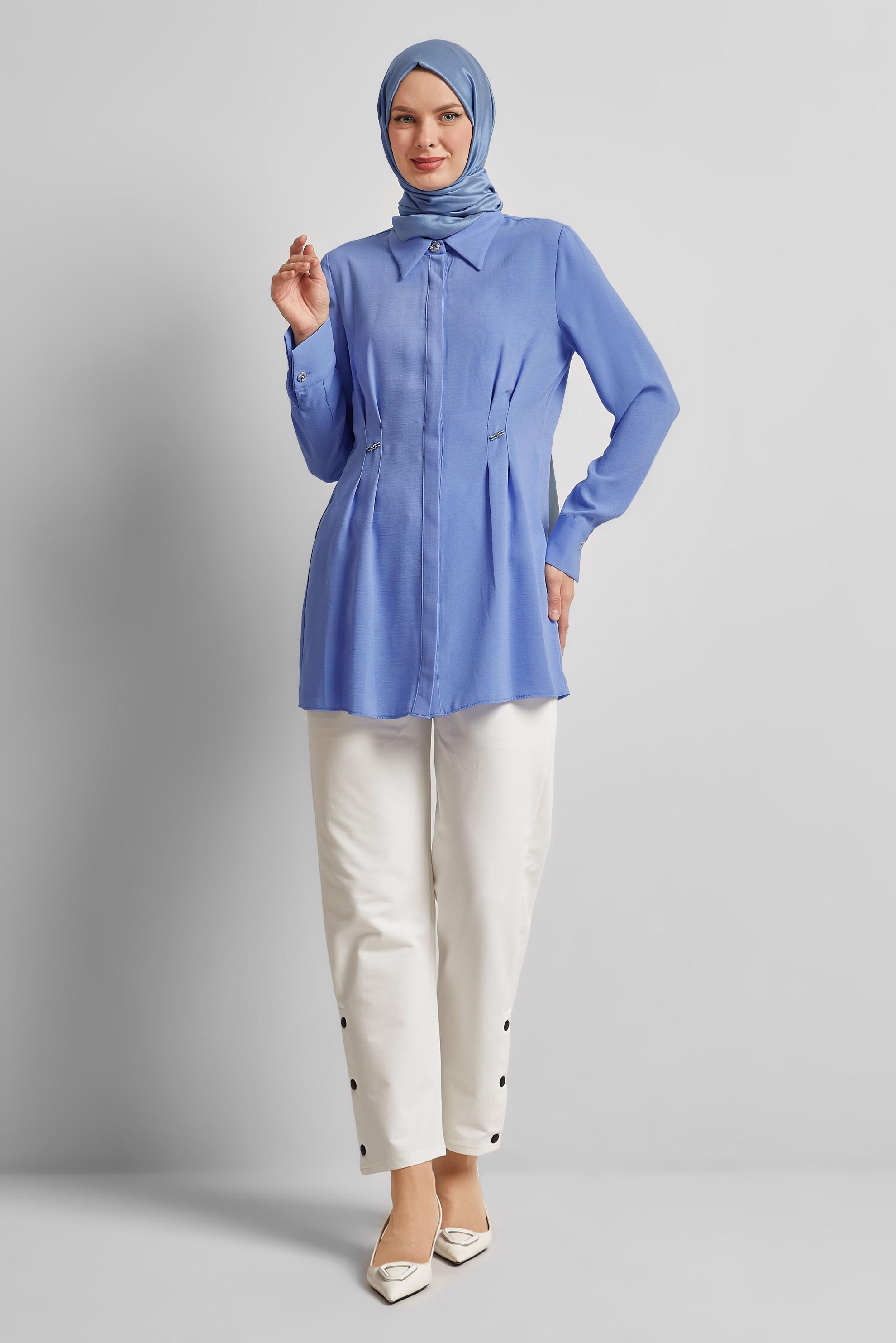 Tesettür giyim MAVİ KETEN GÖRÜNÜMLÜ TUNİK 45426