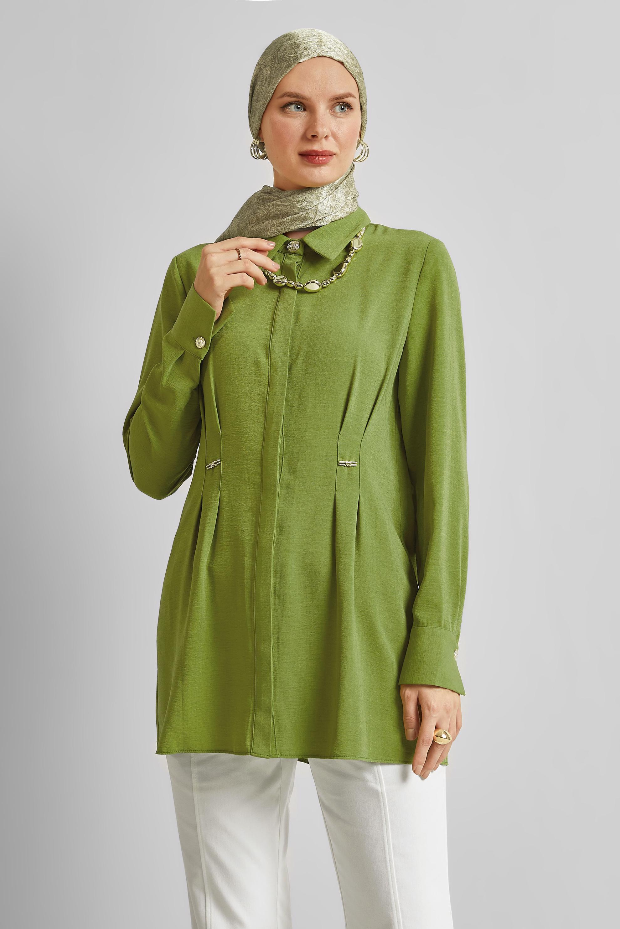 Tesettür giyim YEŞİL KETEN GÖRÜNÜMLÜ TUNİK 45426