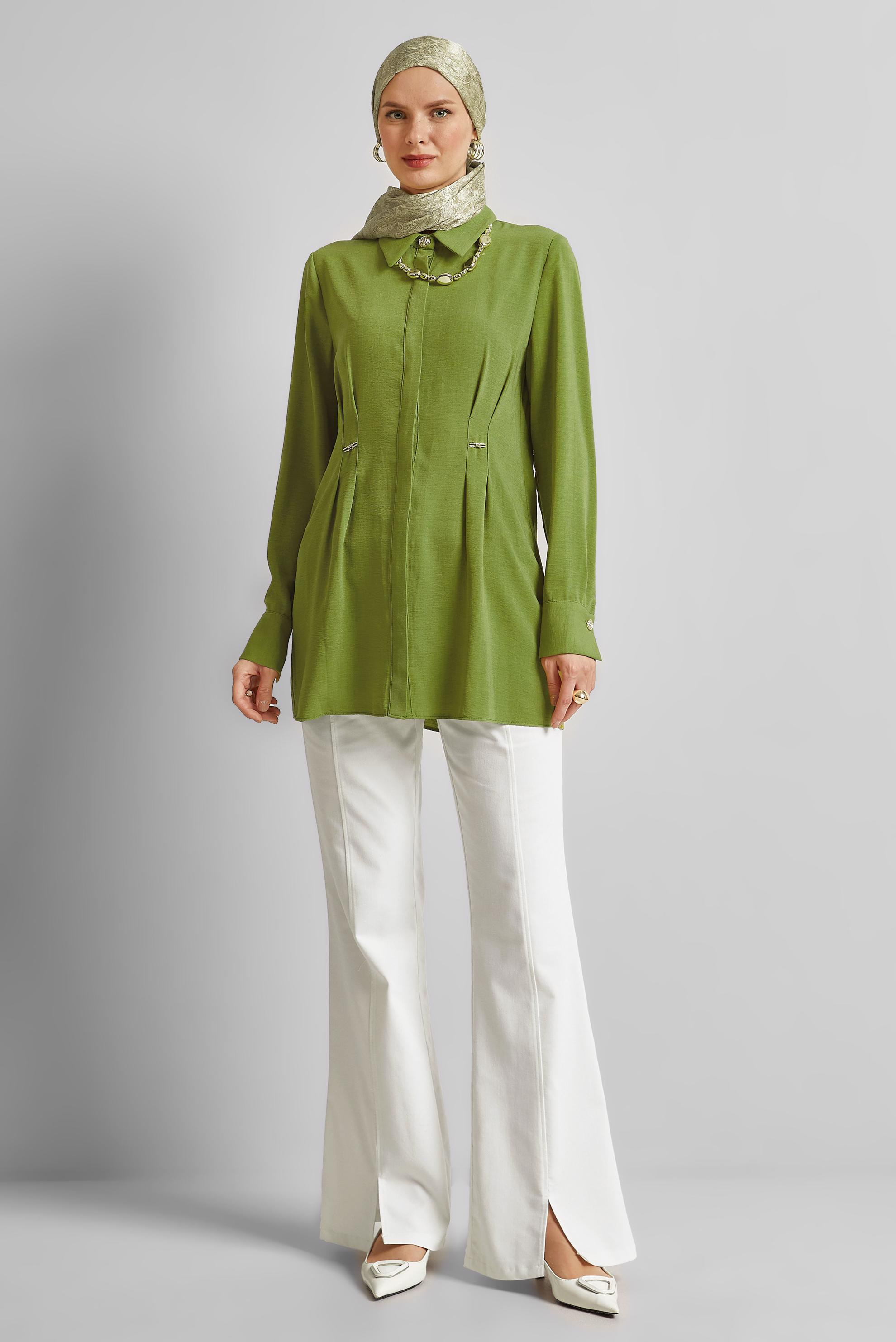 Tesettür giyim YEŞİL KETEN GÖRÜNÜMLÜ TUNİK 45426