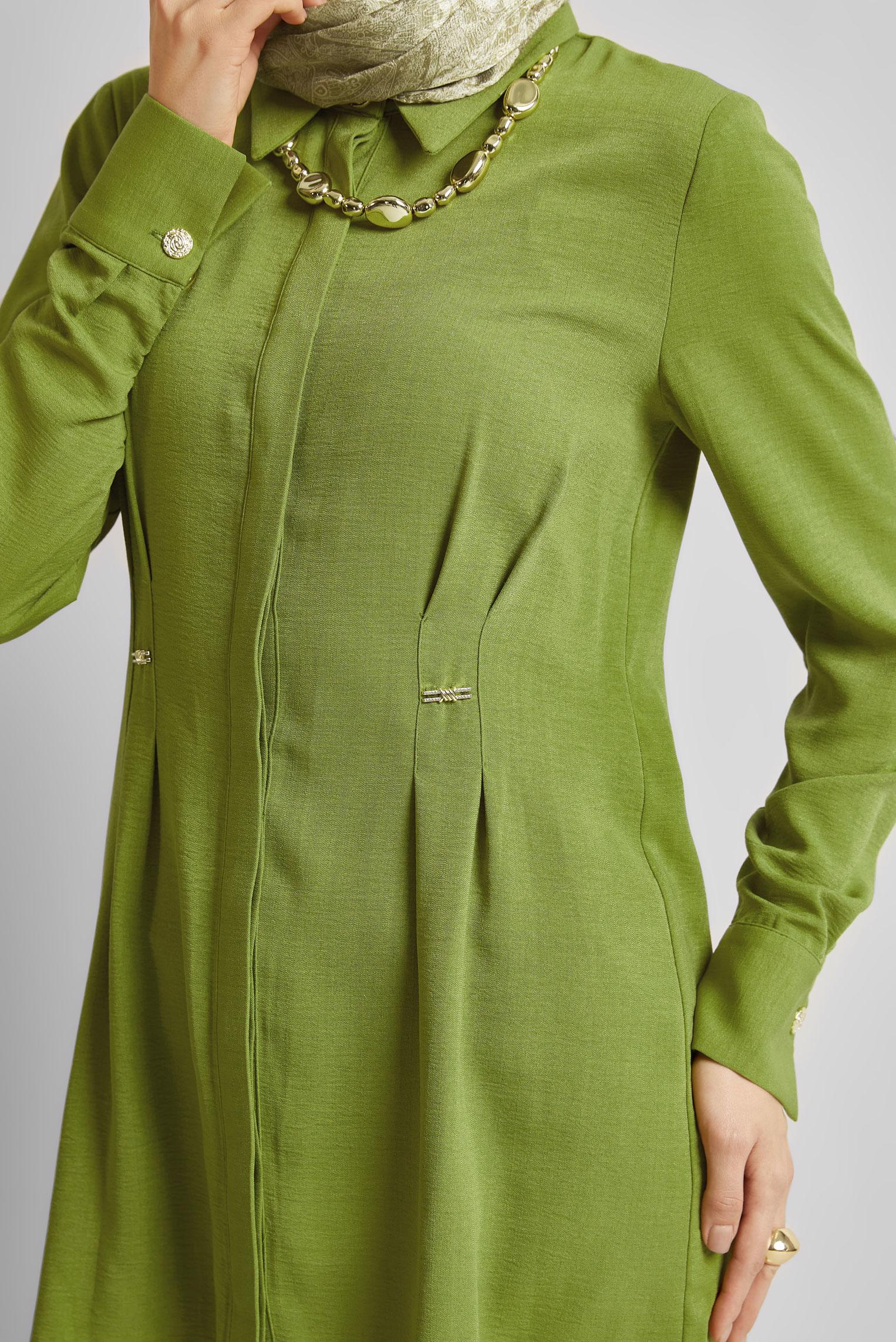 Tesettür giyim YEŞİL KETEN GÖRÜNÜMLÜ TUNİK 45426