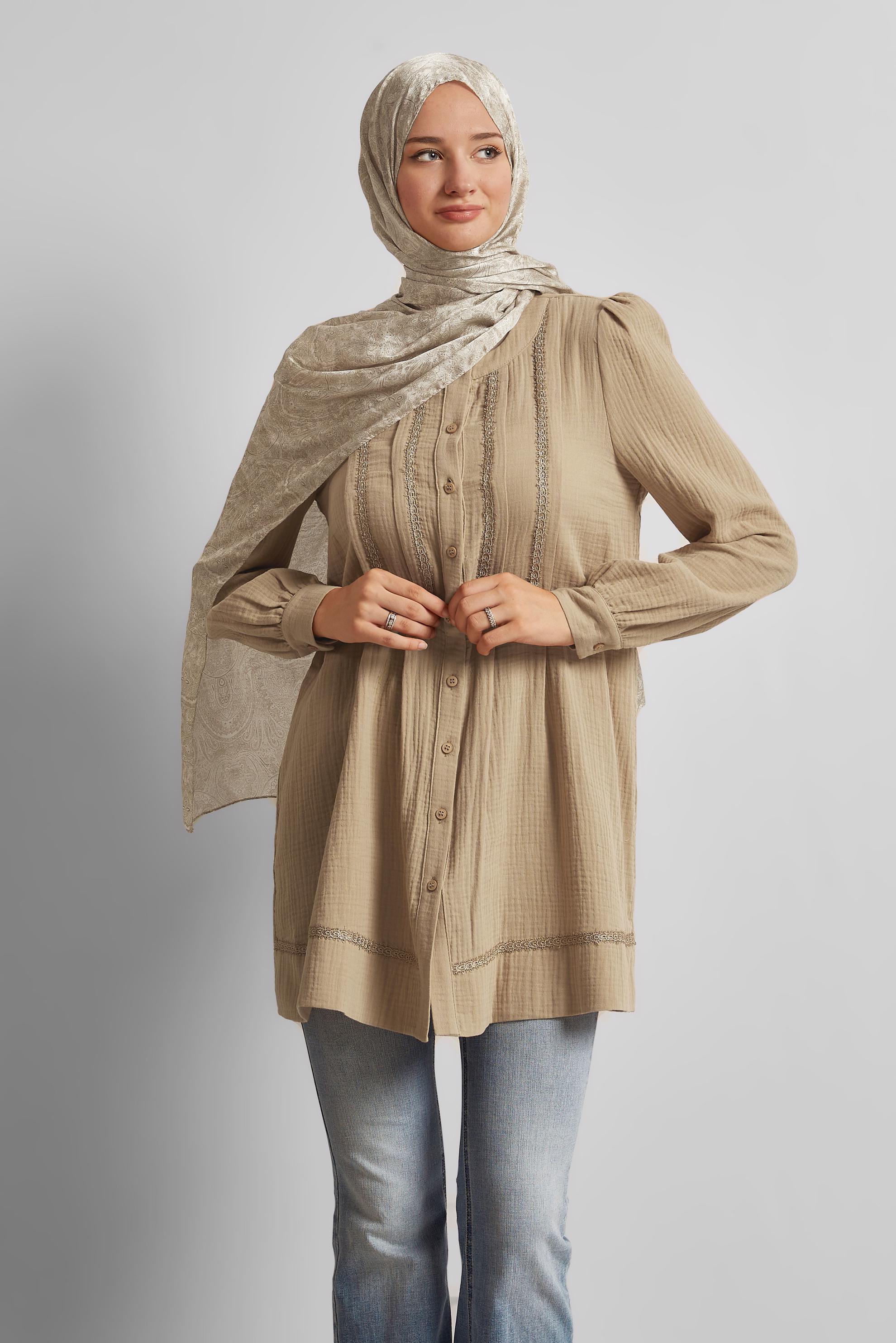 Tesettür giyim KAHVE PAMUKLU MÜSLİN TUNİK 45427