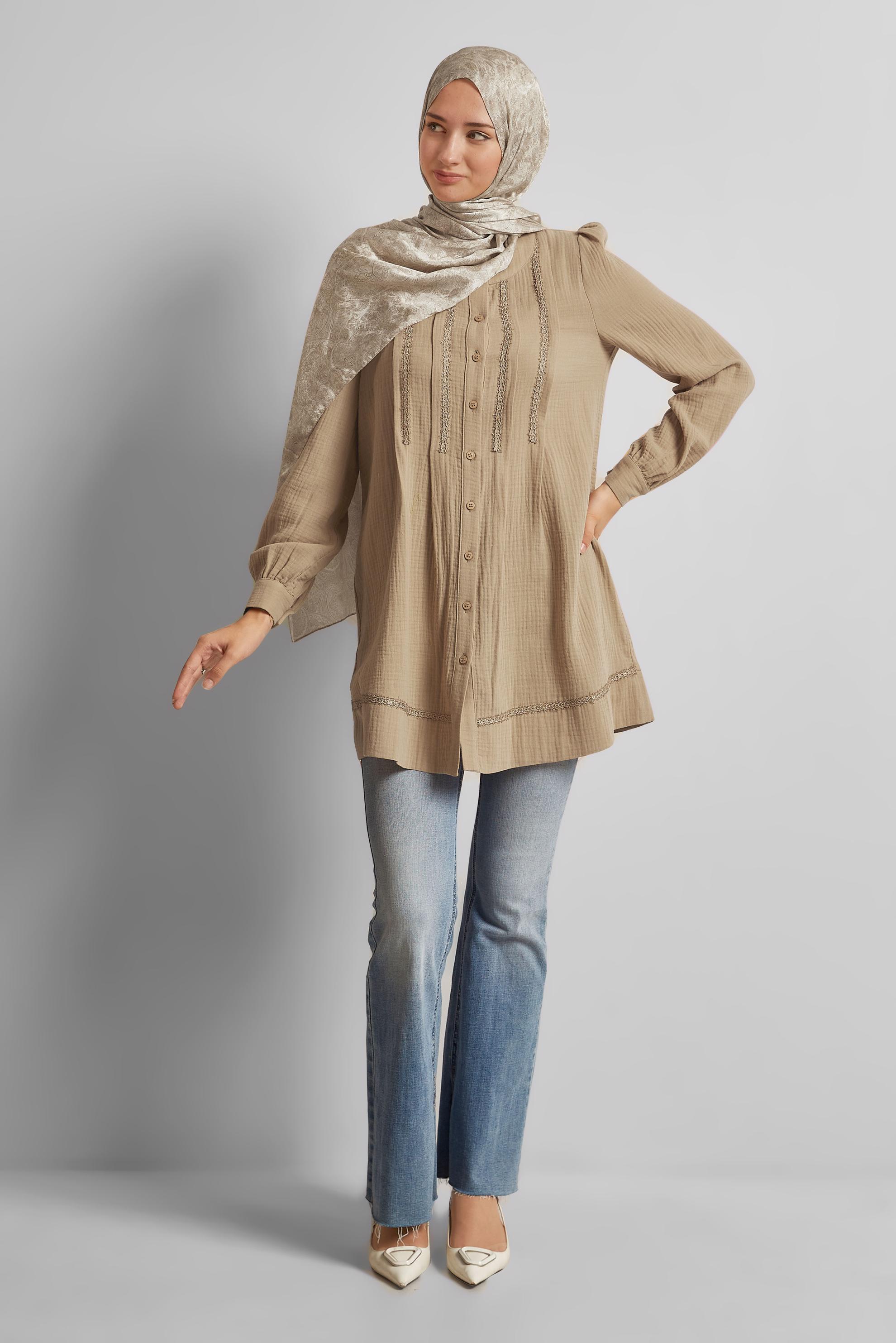 Tesettür giyim KAHVE PAMUKLU MÜSLİN TUNİK 45427