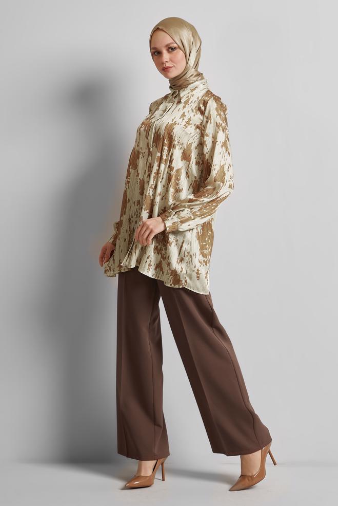 Tesettür giyim KAHVE DESENLİ SATEN TUNİK 45429 - ALVİNA