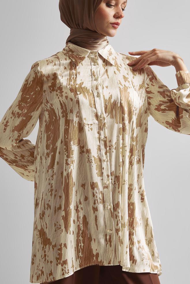 Tesettür giyim KAHVE DESENLİ SATEN TUNİK 45429 - ALVİNA