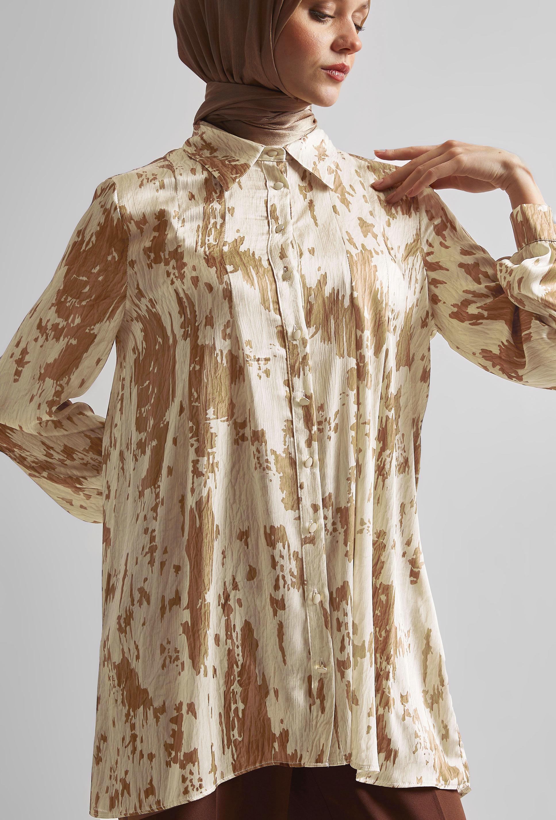 Tesettür giyim KAHVE DESENLİ SATEN TUNİK 45429