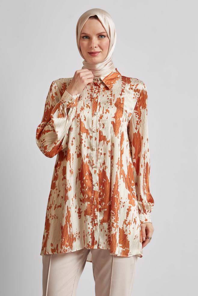 Tesettür giyim TURUNCU DESENLİ SATEN TUNİK 45429 - ALVİNA