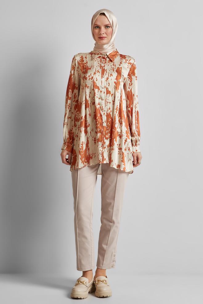 Tesettür giyim TURUNCU DESENLİ SATEN TUNİK 45429 - ALVİNA