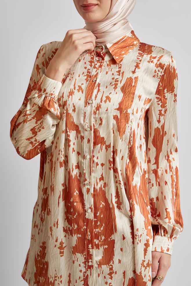 Tesettür giyim TURUNCU DESENLİ SATEN TUNİK 45429 - ALVİNA