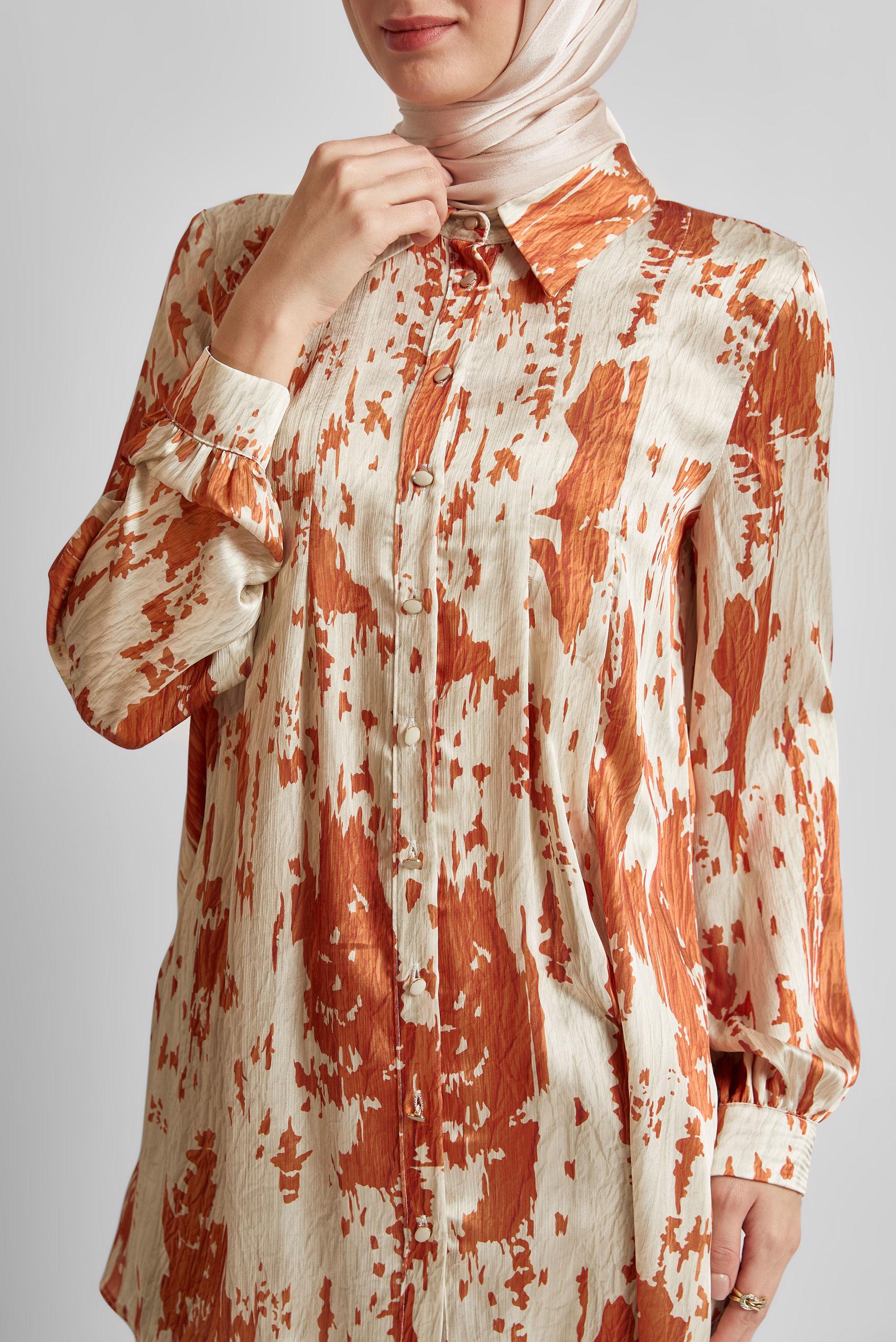 Tesettür giyim TURUNCU DESENLİ SATEN TUNİK 45429