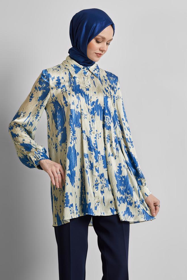 Tesettür giyim LACİVERT DESENLİ SATEN TUNİK 45429 - ALVİNA