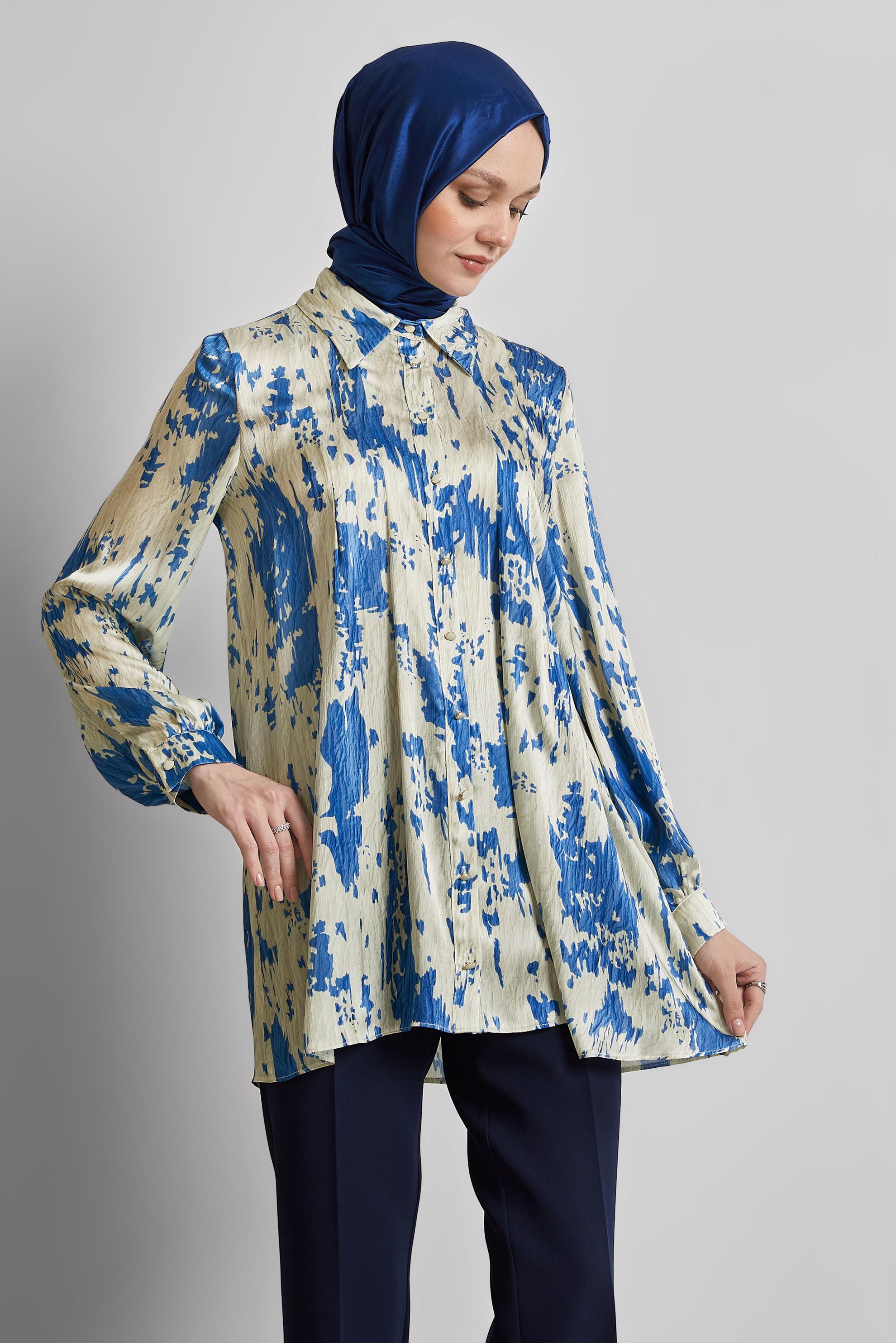 Tesettür giyim LACİVERT DESENLİ SATEN TUNİK 45429