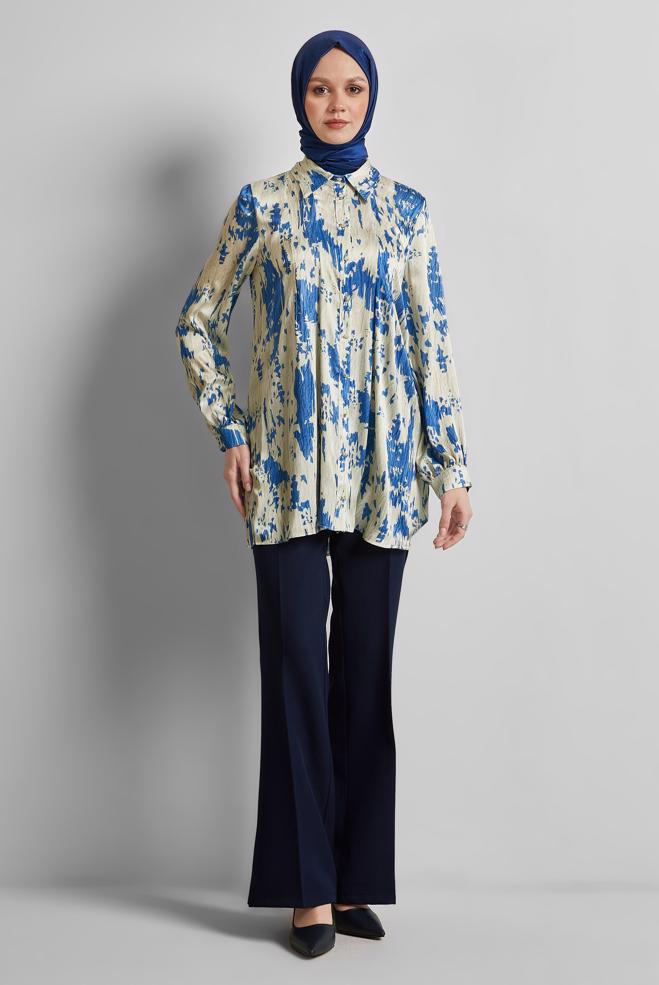 Tesettür giyim LACİVERT DESENLİ SATEN TUNİK 45429 - ALVİNA