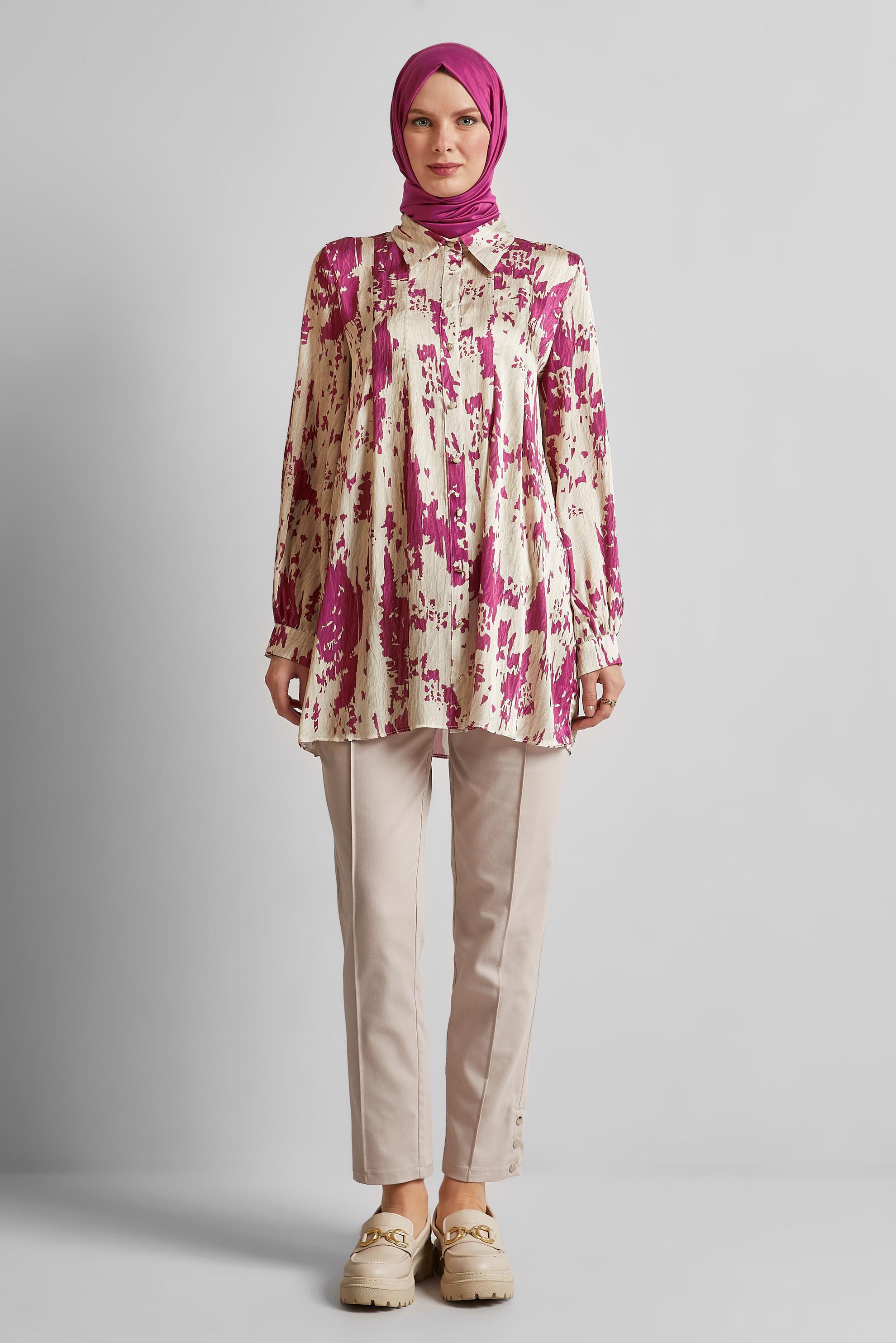 Tesettür giyim BORDO DESENLİ SATEN TUNİK 45429